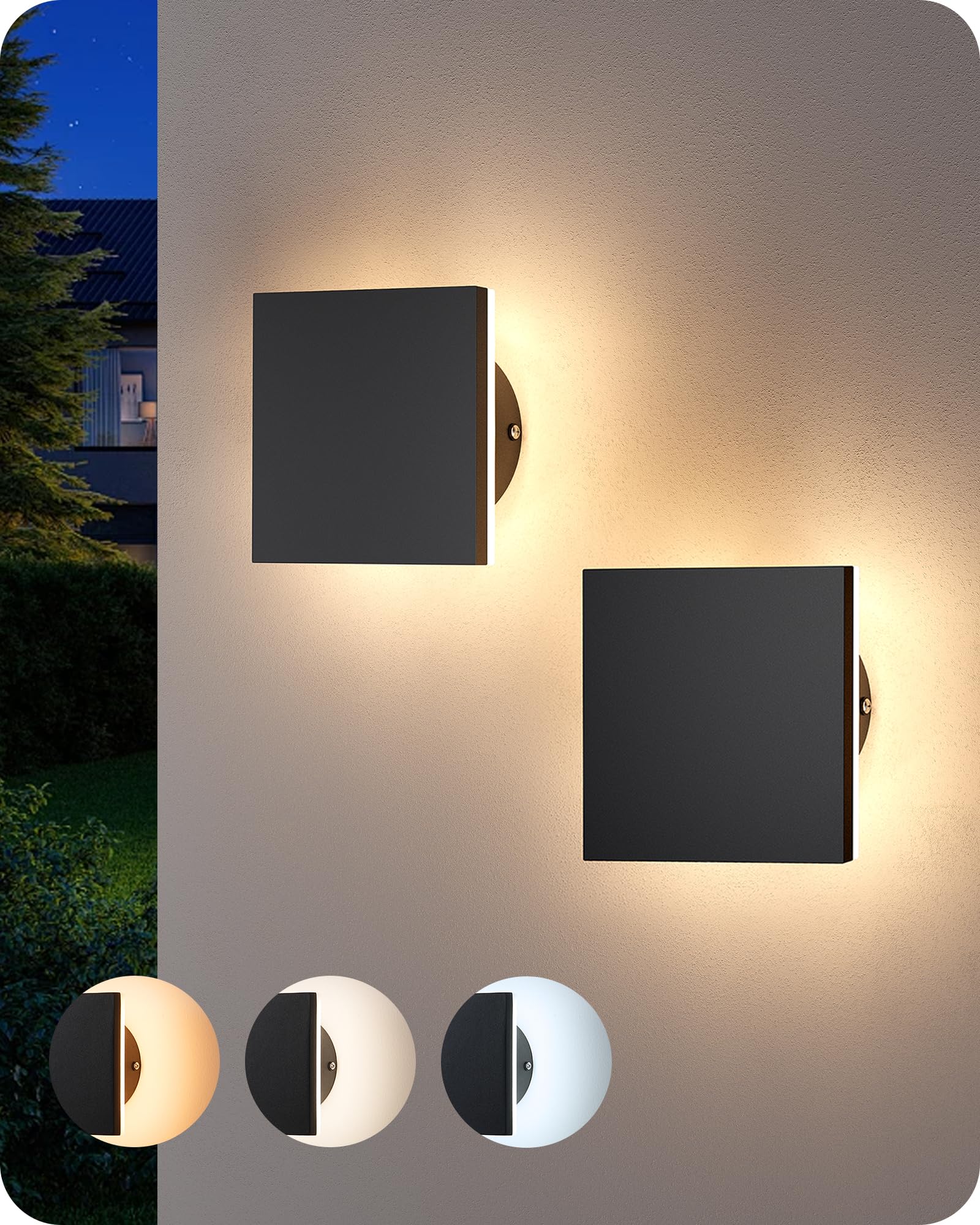 Photo 1 of EDISHINE 2 Pack LED Wall Lights Outdoor Indoor, 3000K-5000K Dimmable Wall Sconce, 360° Backlit Square Modern Exterior Lighting Fixtures, IP65 Waterproof Aluminum Outside Porch Light, Black
