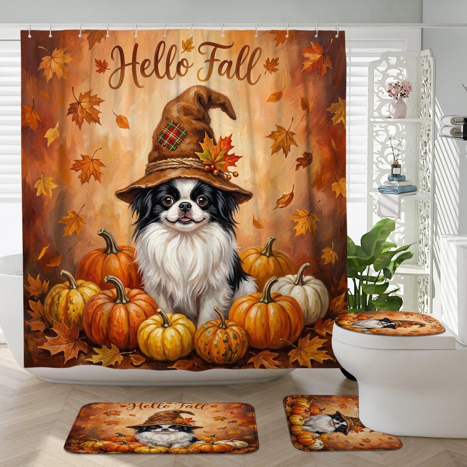 Rideaux de douche nain japonais d'automne motif folklorique et set d'accessoires de bain assortis