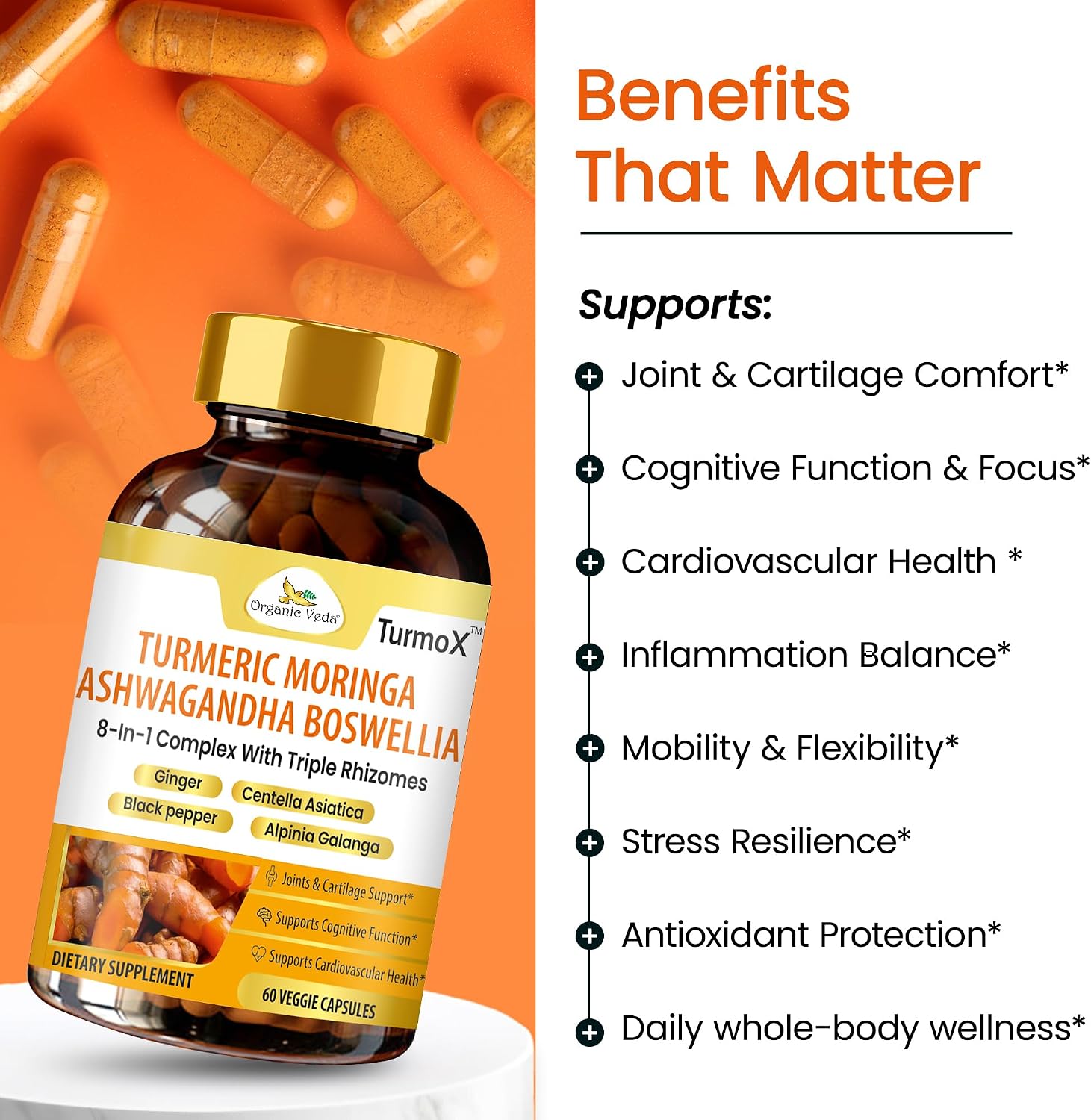 Organic Veda TurmoX Turmeric Moringa Ashwagandha Boswellia Capsules – Triple Rhizomes & 8 in 1 Antioxidants, Brain, Heart & Joints Support Supplement with Ginger & Black Pepper - 60 Capsules