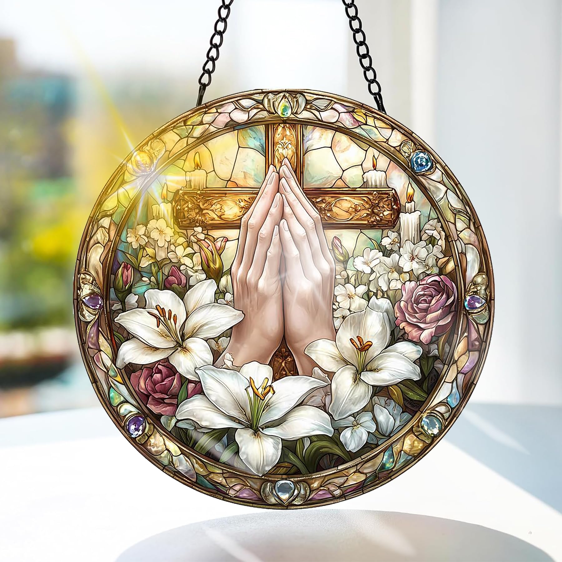 Bimkole Lily Stained Glass Suncatcher Window Hanging - Religion Indoor Window or Doorway Decoration - Handmade Sun Catcher Decor for Birthday for Women, Men, Wife, Lovers, and Mom 7.8 in