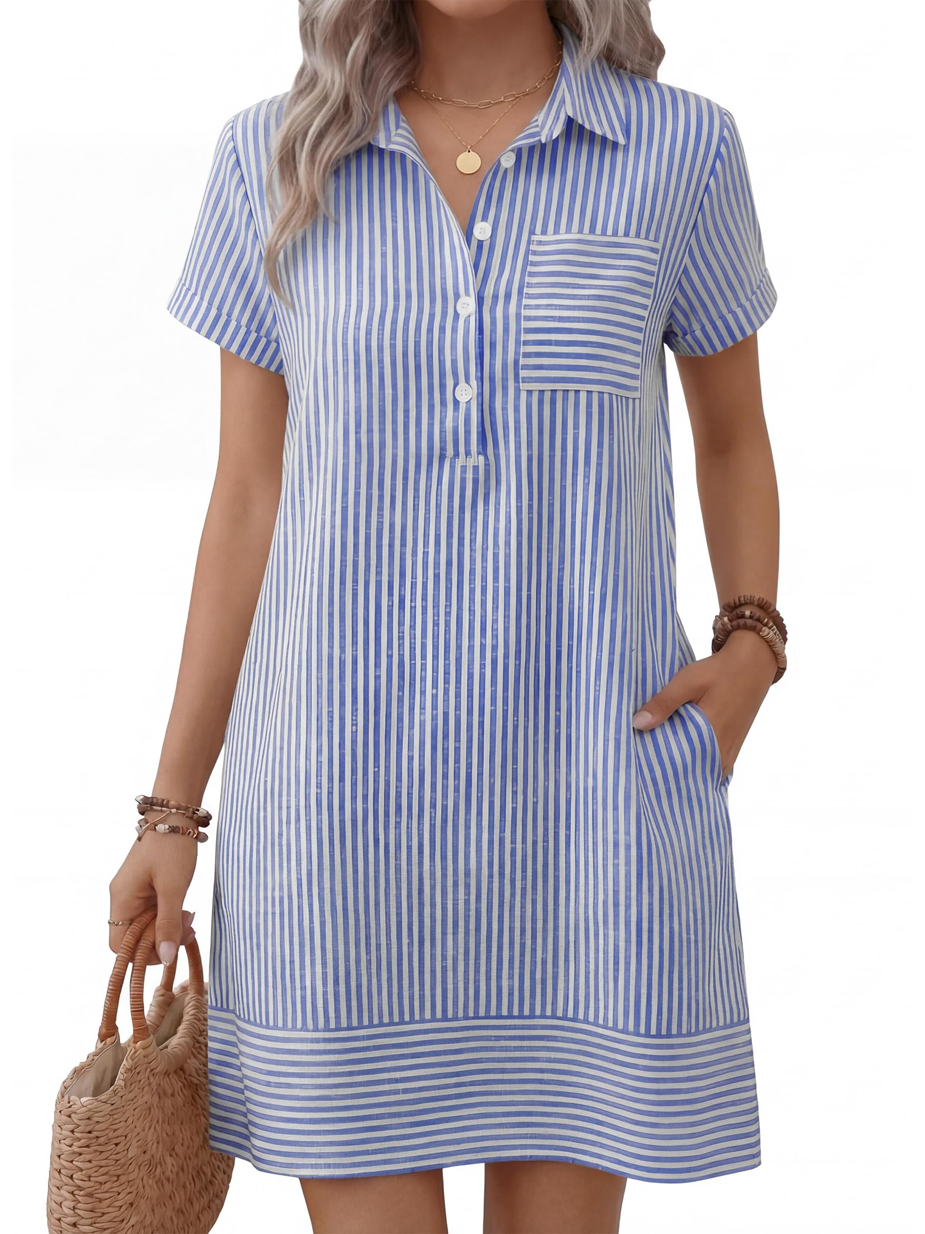 ANRABESS Womens Summer Shirt Dresses Lightweight Breathable Short Sleeve Button Polo Collar T-shirt Dress