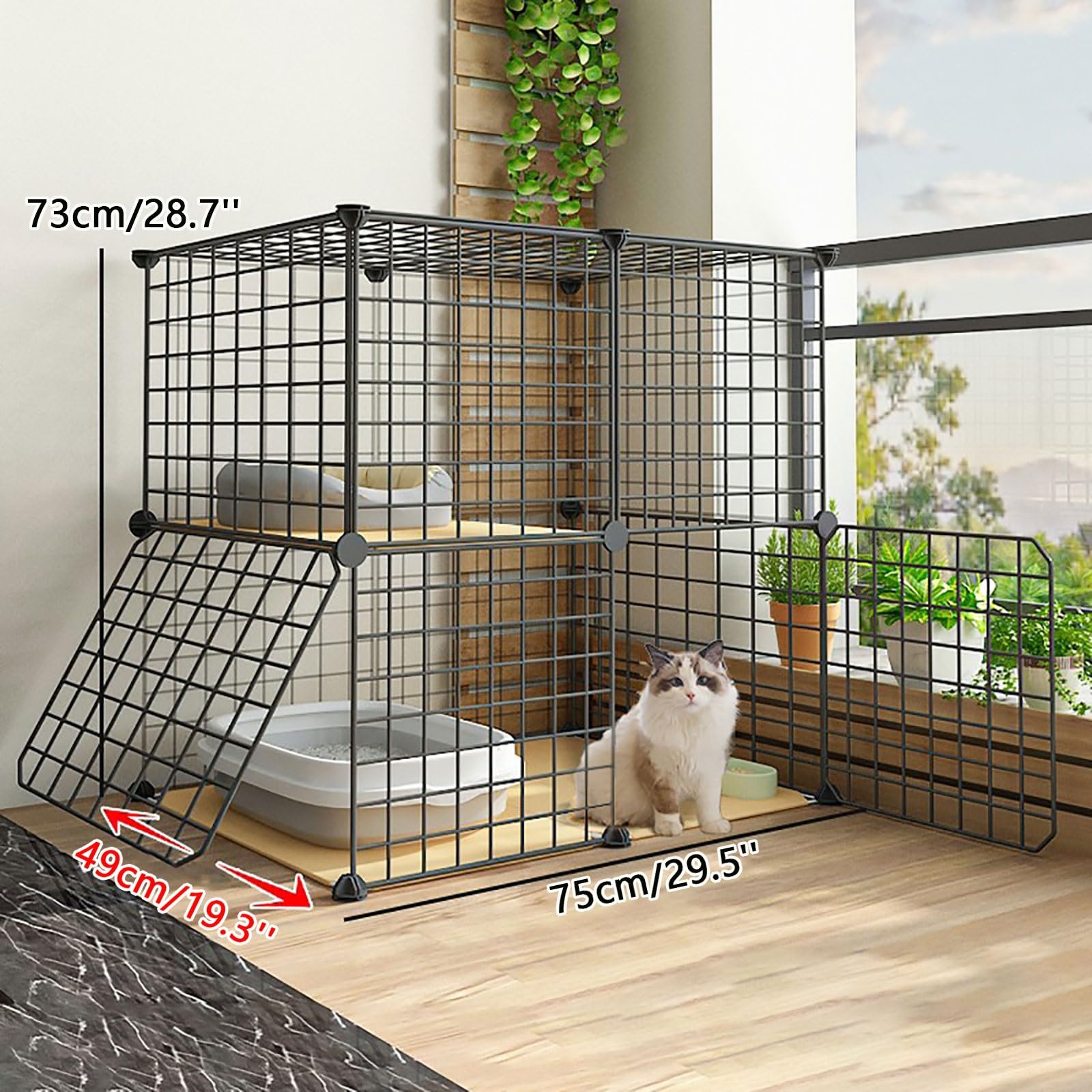 Gabbie per gatti da interni ed esterni, staccabile, per piccoli animali, per gatti, cuccioli, gabbia semi-chiusa, per piccoli animali domestici, gatti, cuccioli, nero, 75 x 49 x 73 cm