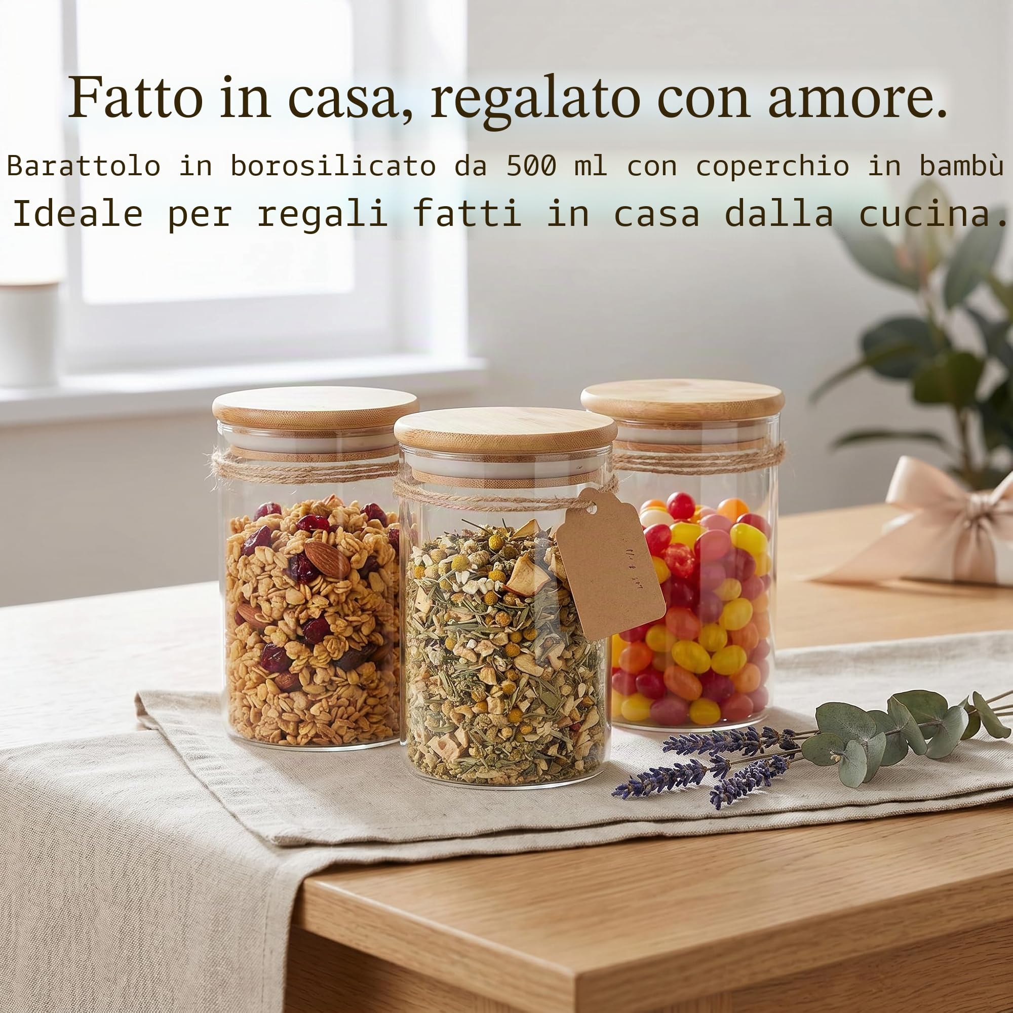gouveo Set da 6 barattoli dispensa classici (0,50 l) con coperchio a pressione in bambù, vetro borosilicato rotondo cilindrico per alimenti secchi e organizzazione cucina (BGR500B)
