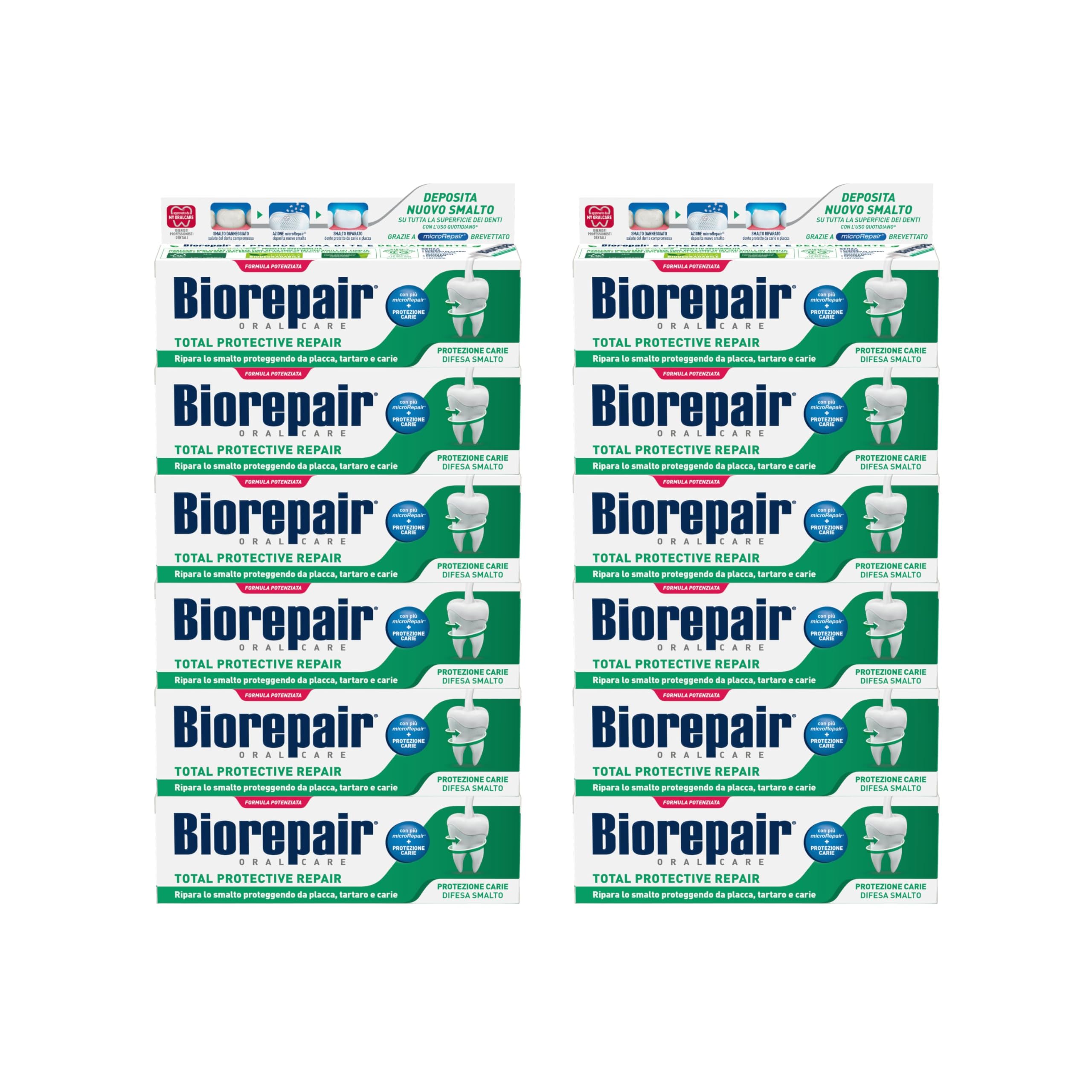 Biorepair, Dentifricio Total Protective Repair, Ripara lo Smalto, Protegge da Placca, Tartaro e Carie, Con Microrepair, Senza Fluoro e Parabeni, 12x60ml