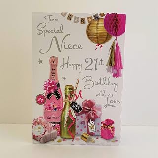 Jonny Javelin Special Niece Age 21 Milestone Birthday Card - 21st - Champagne and Presents with Foil Finish - Eco-Friendly