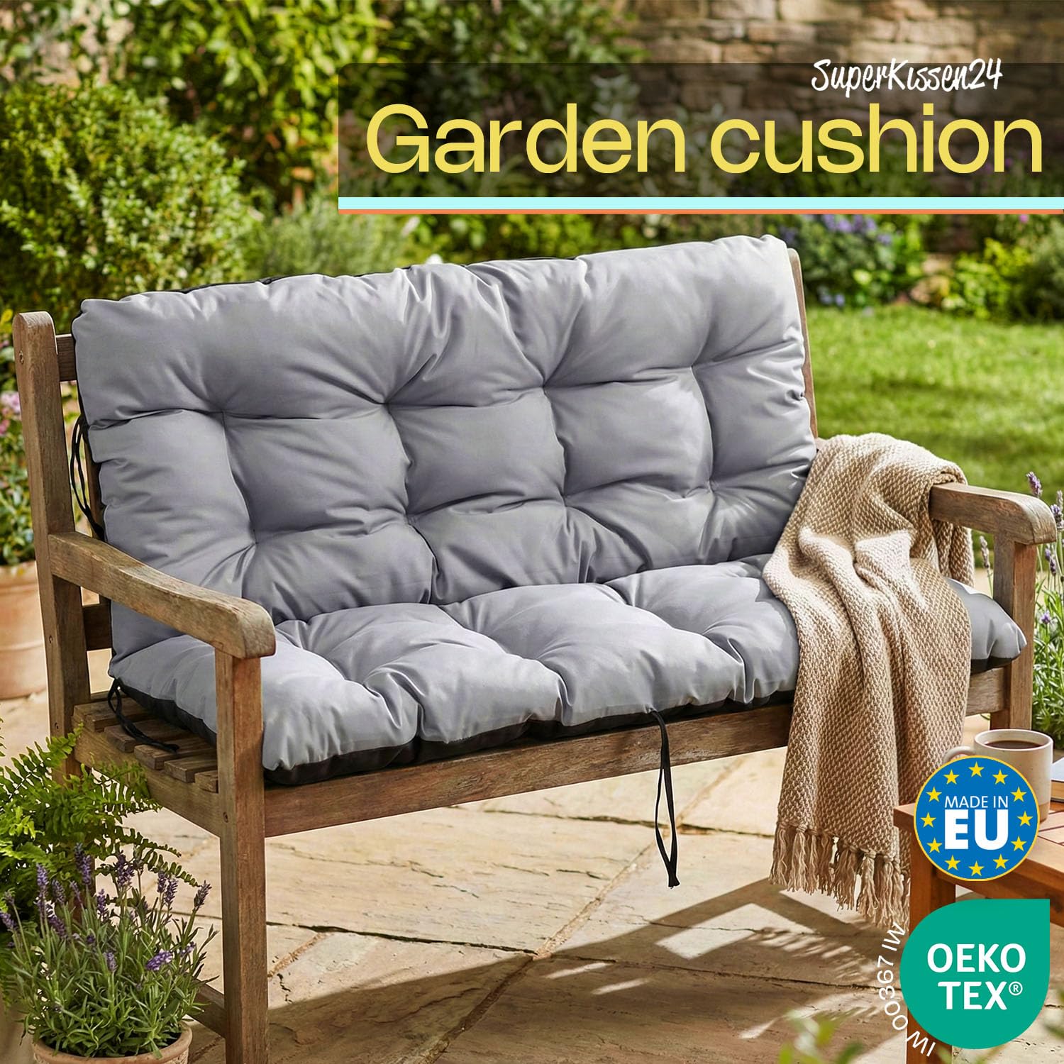 SuperKissen24. Coussin Dossier pour Banc de Jardin Canapé - 120x50 cm et Appui 120x60 - Intérieur/Extérieur - imperméable - Noir