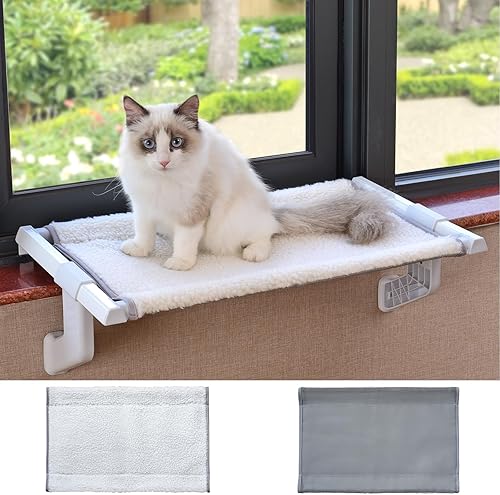 Doemtio Percha de ventana para gatos grandes en interiores, hamaca de ventana de gato con ajuste deslizante de un solo paso con 2 fundas de tela, Doemtio Percha de ventana para gatos grandes en interiores, hamaca de ventana de gato con ajuste deslizante de un solo paso con 2 fundas de tela,