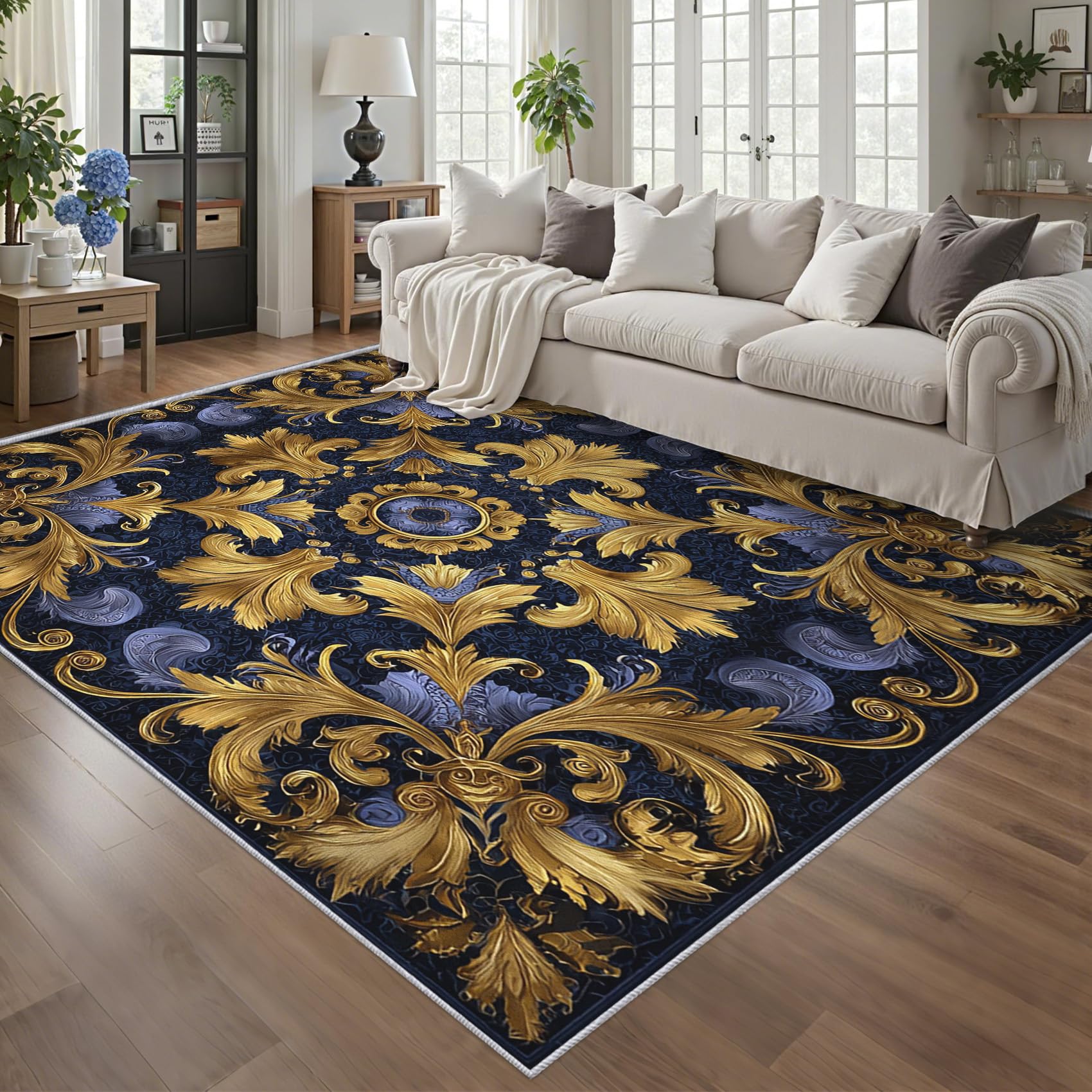 Tapis de salon antidérapant résolvant les glissades et la poussière, style bleu or floral