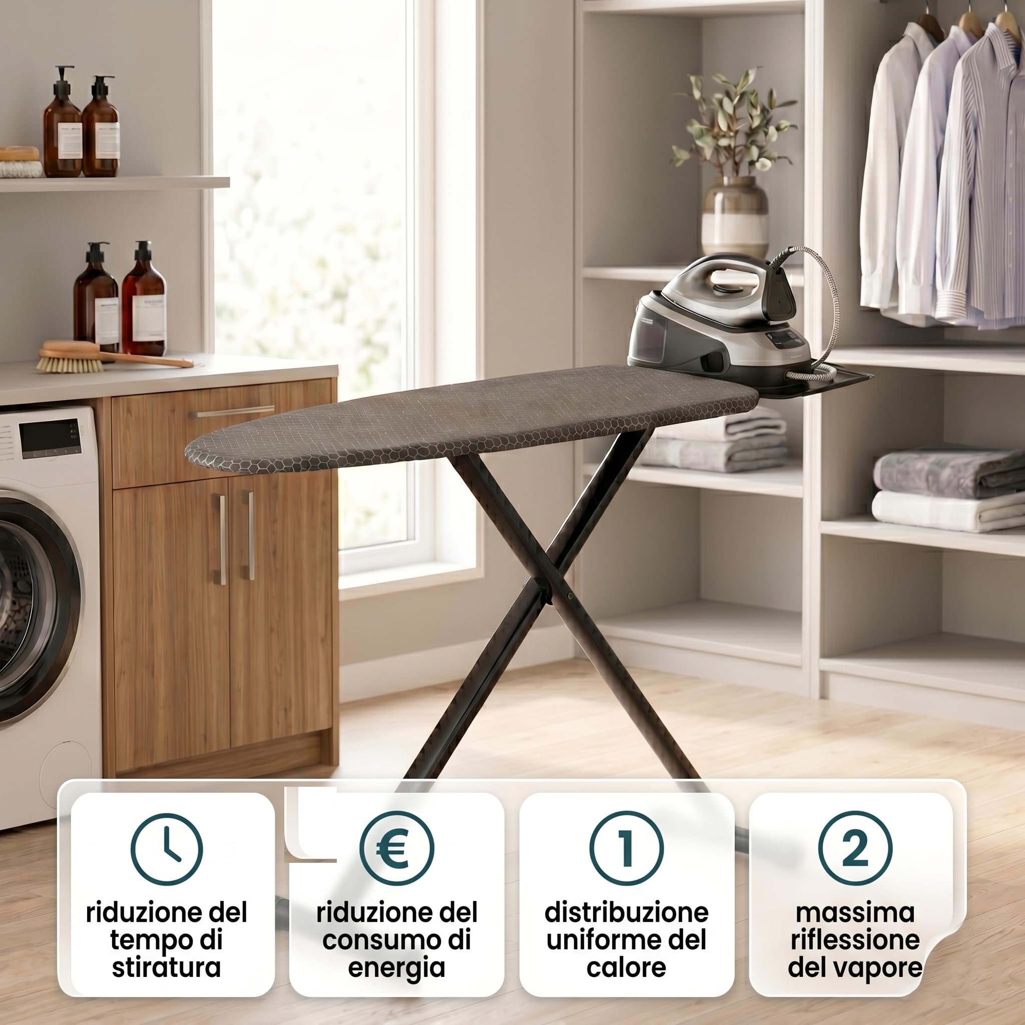 Colombo Asse da Stiro ALLUMINIA XL 125x42 cm, in Alluminio Leggero e Stabile, Regolabile in Altezza, Porta Caldaia Professionale fino a 10kg con Porta Grucce, Pieghevole, Copriasse 100% Cotone Bio