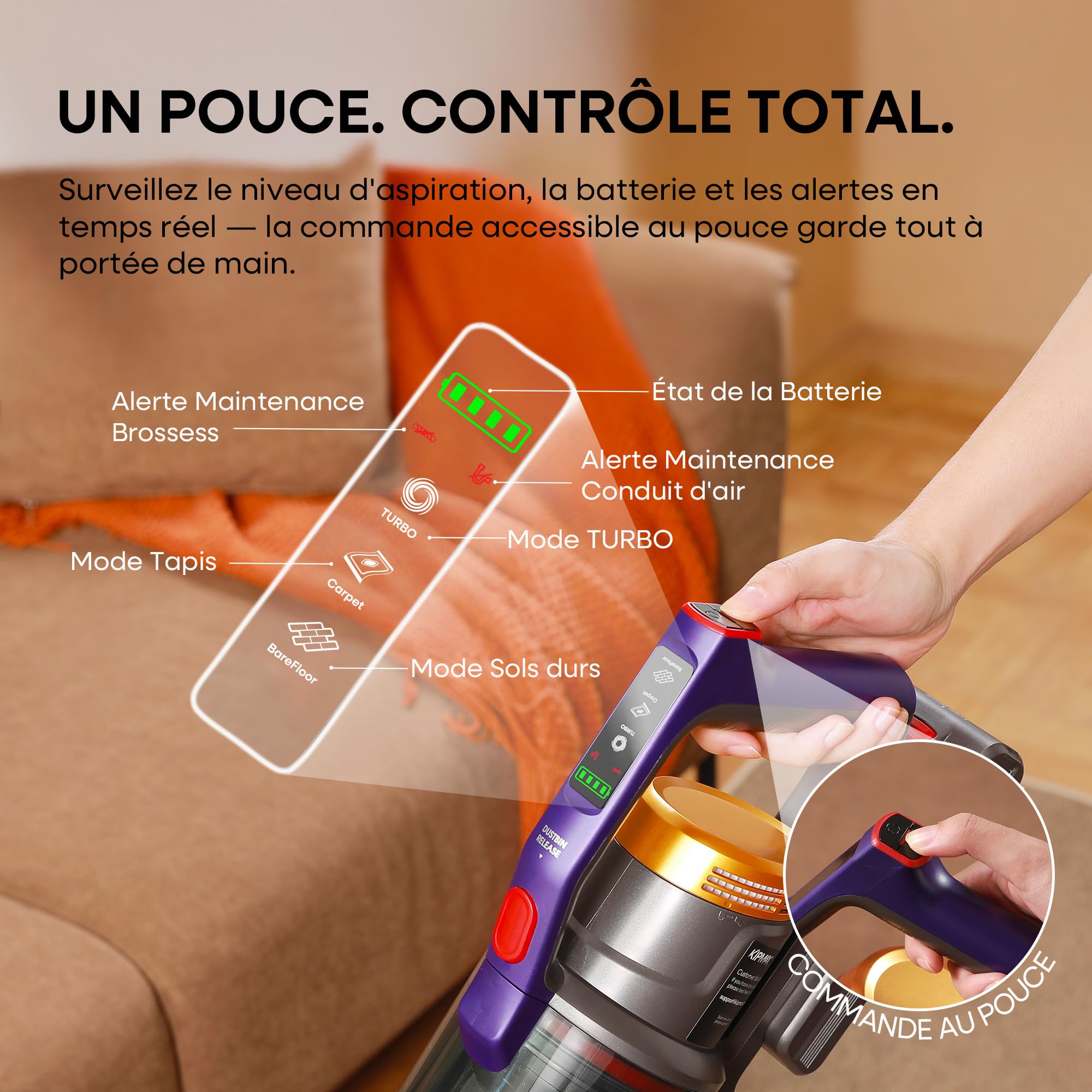 KIPMAX Aspirateur Balai sans Fil, pour Sols Durs, Tapis, Animaux et Voiture, 550W/50KPa/70Mins Aspirateur sans Fil Puissant, avec Base de Chargement et de Rangement, Parfumé, Brosse Anti-Enmêlement