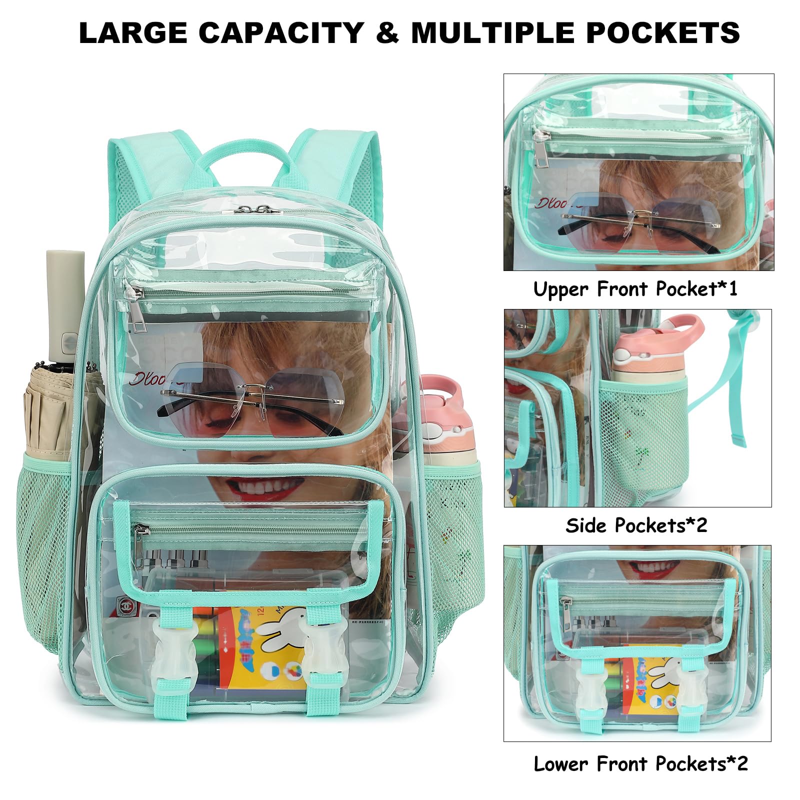 Clear School Backpack for Girls Boys, Heavy Duty PVC See Through Transparent Bookbag for Kids Women Men (Green)