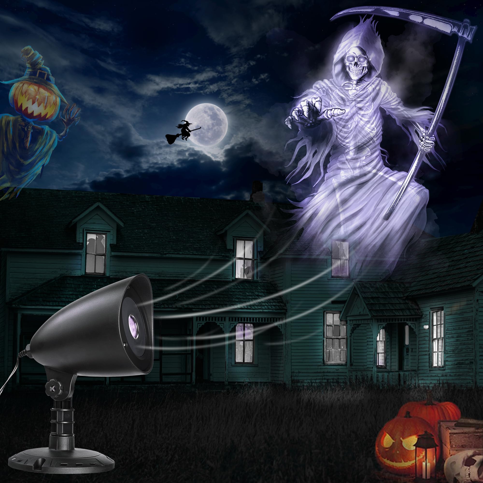 iShabao Projektor 3D Halloween z timerem, LED lampa wodoszczelna, biały ponury żniwiarz, na ścianę, okno, ogrod, podwórze, imprezę