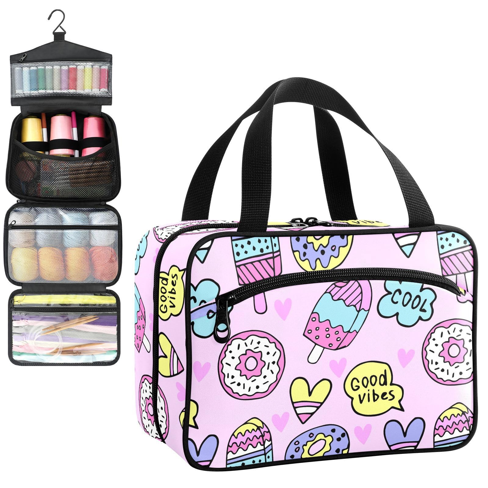 YNNALE Sewing Supply Organizer Bag, Ice Cream Donut Pink Portable Sewing Bags with Pockets&Hanger, Sewing Storage Box Case for Sew Supplies/Kit/Tools/Accessories (BAG ONLY)