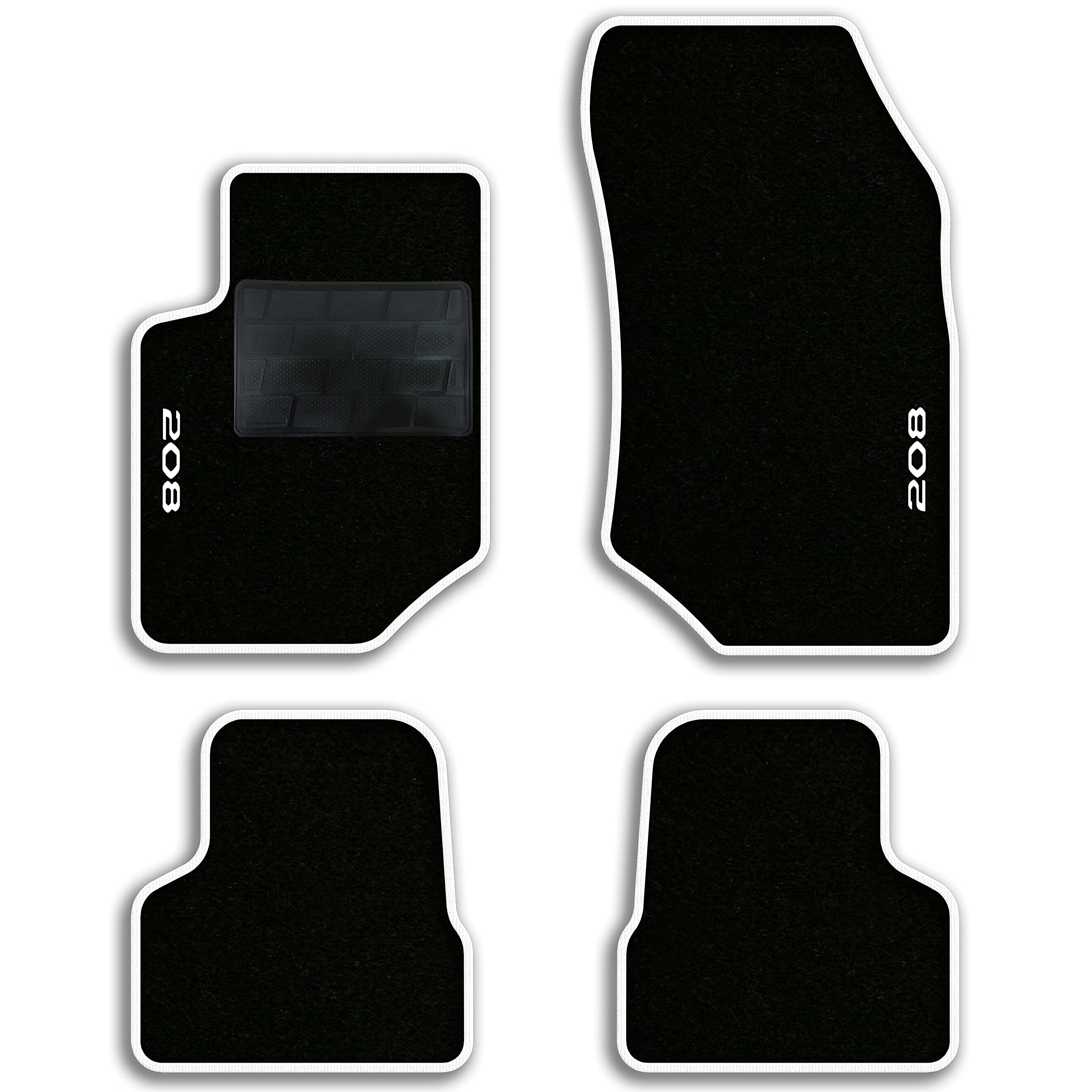 QUEMAR Tappetini Auto compatibili con Peugeot 208 II e-208 dal 2019/ Kit Tappeti Moquette e Gomma su Misura (Set 2 Anteriori + 2 Posteriori)/ Ricami e Colori Personalizzati (2 Ricami, Bordo Bianco)