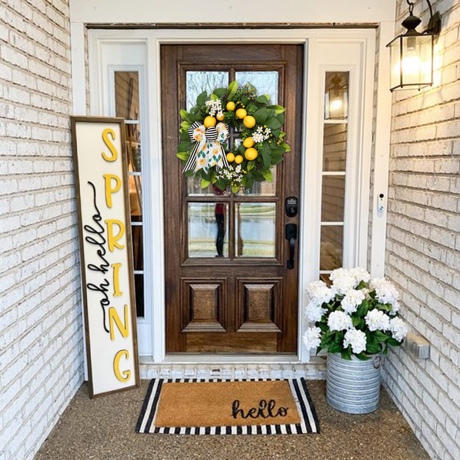 Lemon Wreath,20inch Spring Summer Wreath for Front Door with Strip ribbow Bow, Farmhouse Wreath for Front Porch Outdoor Decor,Beautiful Fruit Wreath, Kitchen and Wall Home Decor