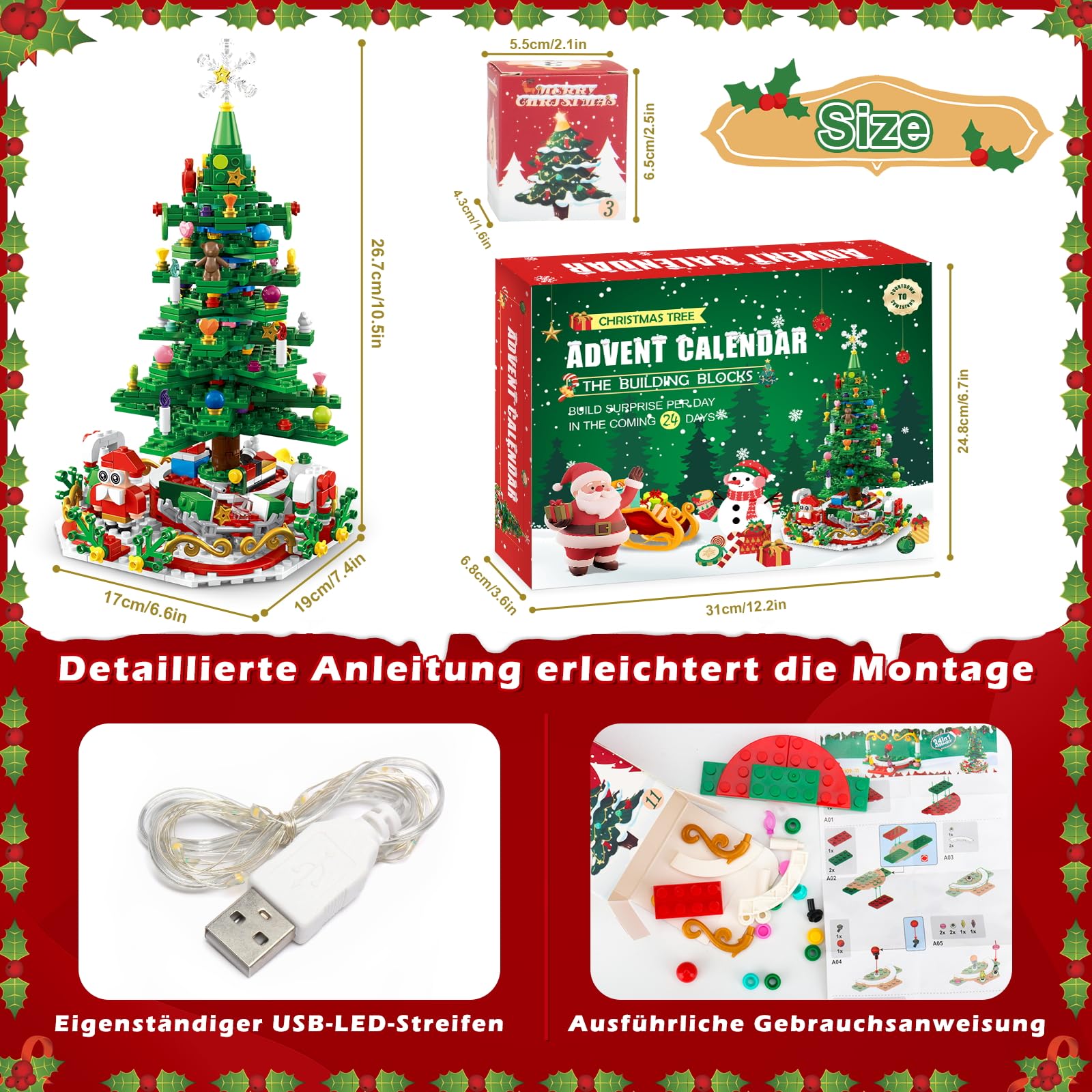 Advent Calendar 2025 Kids for Christmas Tree Building Toy with LED Light Mini Building Blocks,Christmas Countdown 24 in 1 Blocks Toy 701 Pcs,Christmas Building Blocks Toy Gift for Adult Boys and Girls - Image 4