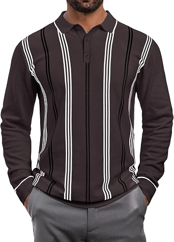 Lexiart Mens Knit Polo Shirt Striped Dressy Thermal Basic Button Collar Long Sleeve Sweater
