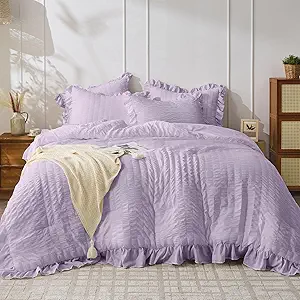 JOLLYVOGUE Lavender Comforter Full Size, 3 Pieces Seersucker Lightweight Full Size Bedding, All Season Fluffy Microfiber Bedding Comforter Set with 1 Ruffle Comforter and 2 Ruffle Pillowshams