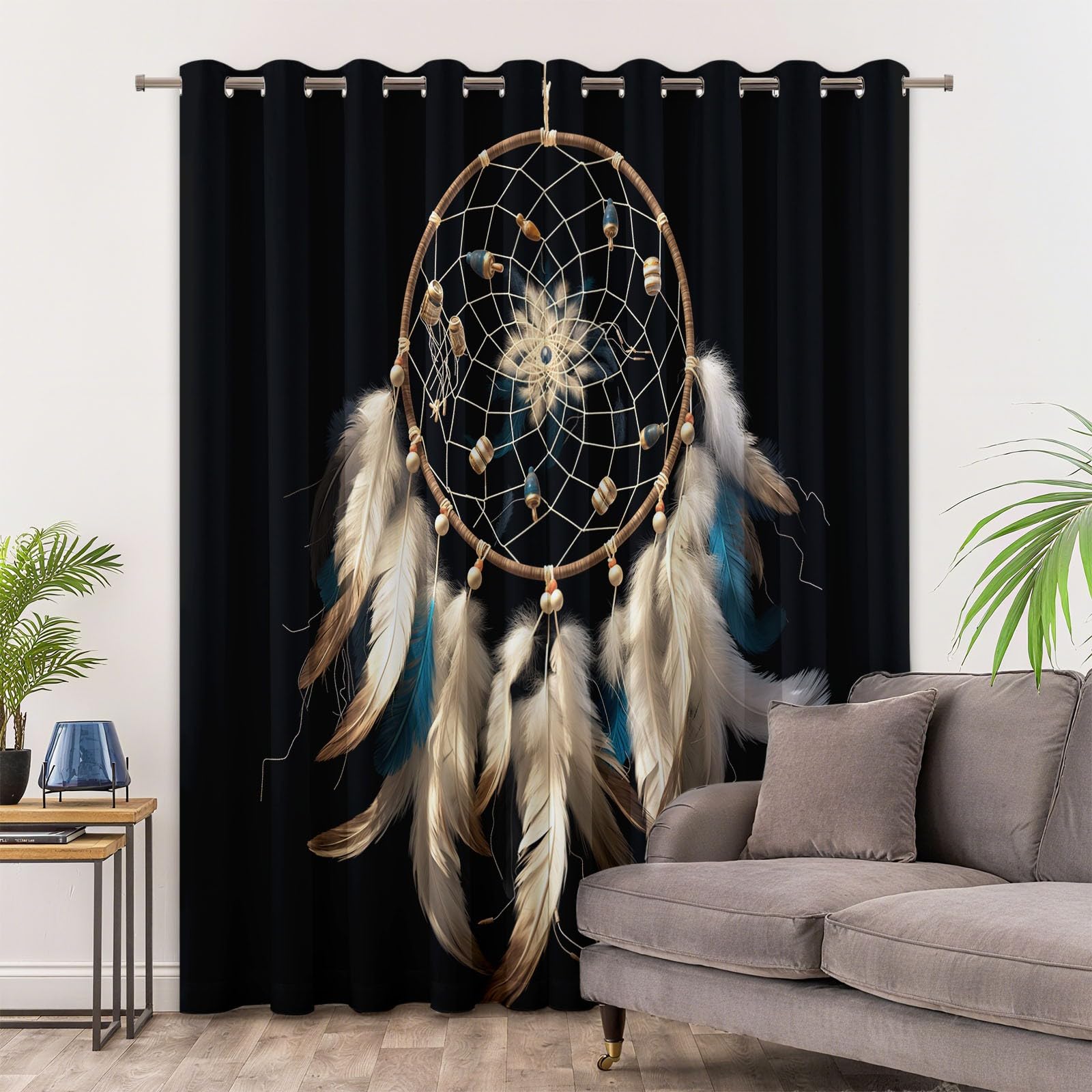 Vorhänge Traumfänger Federn, Dekorative Ösen, Blickdicht Thermo Verdunkelungsvorhang Schwarz Mädchenzimmer Schlafzimmer Wohnzimmer, 2 Paneele 214 x 91.5 cm