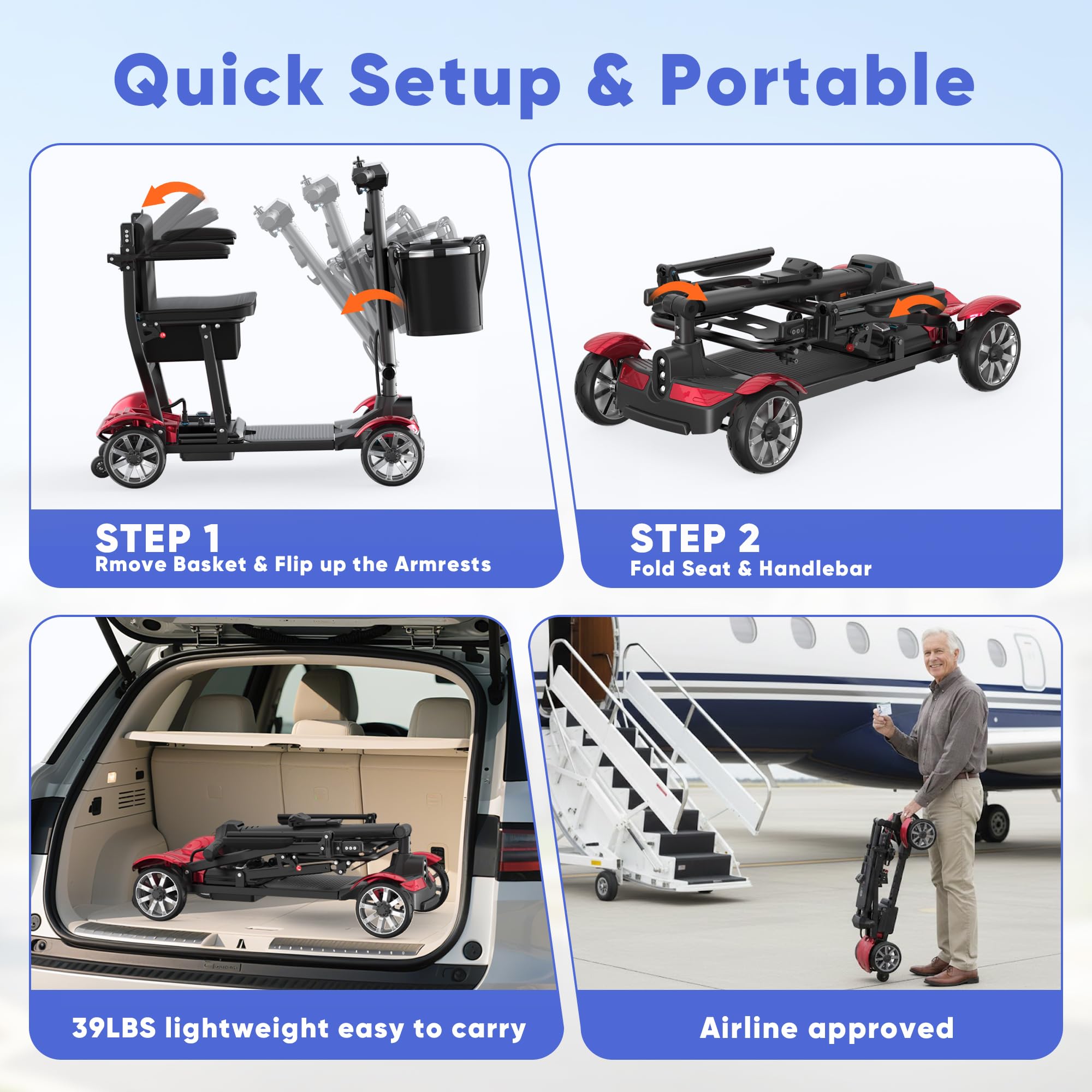 4 Wheels Mobility Scooters for Seniors, 39LBS Light Frame&350LBS Capacity&30 Miles Travel Range&270W Brushless Motor Powered Wheelchair Folding Electric Scooter&LED Lights&Dust Cover&Auto Brake-Red