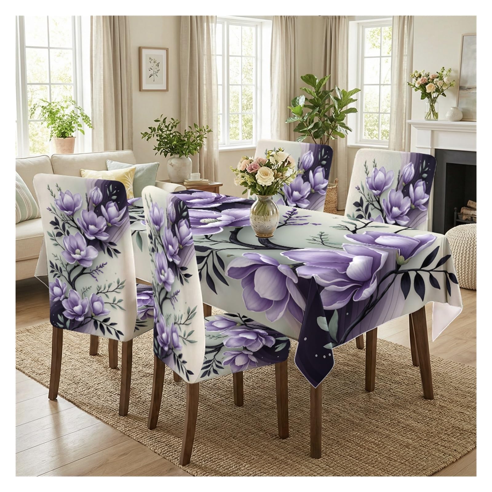 BOSUYBN Purple Magnolia Floral Dining Tablecloth & Chair Covers Set, 5/7 Piece Elegant Modern Romantic Cottage Dining Decor Table Setting(5pcs Set: Tablecloth+Chair Covers)