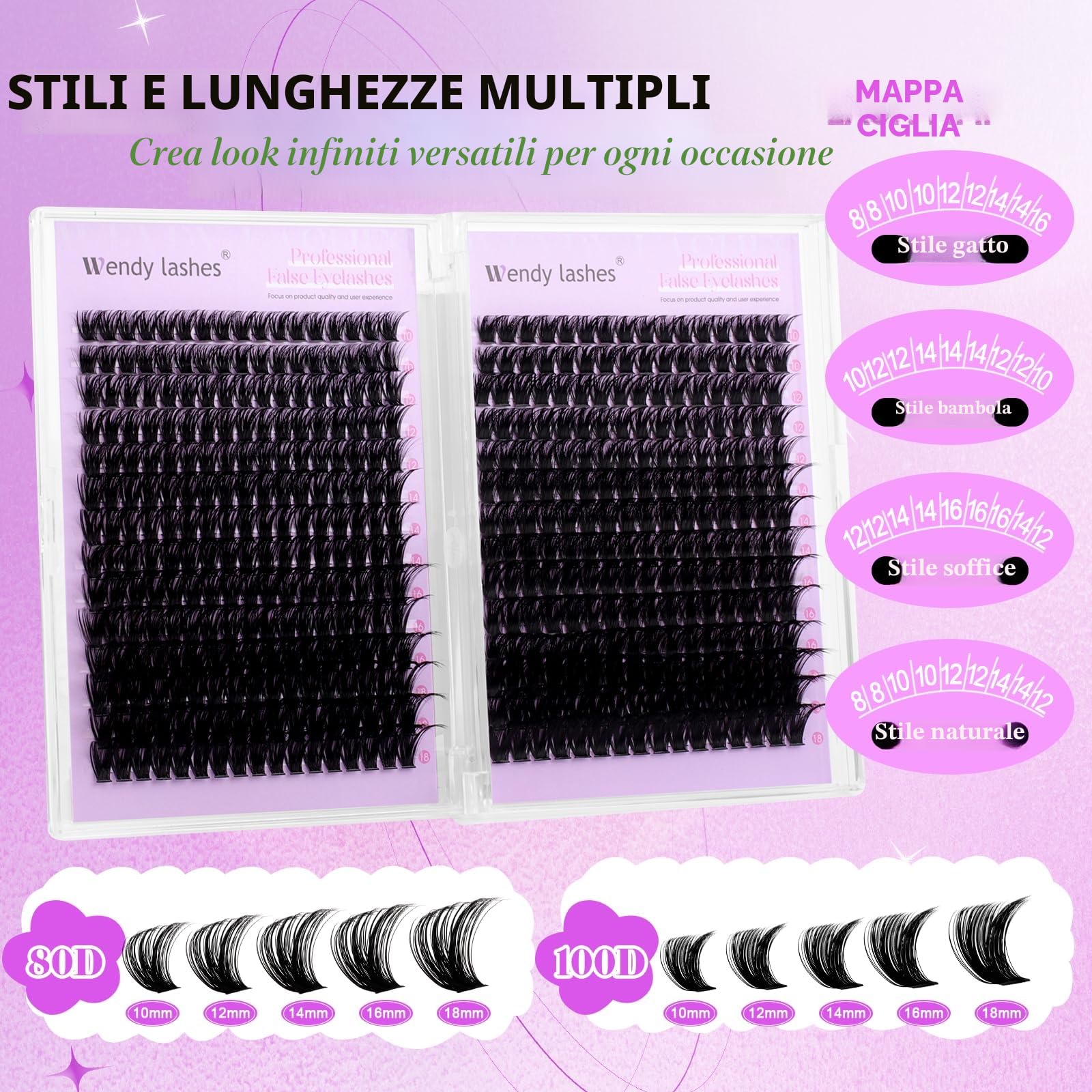 Ciglia Finte Ciuffetti,594PCS 80D+100D Ciuffetti Ciglia Finte Russe Soffici D-Curl 10-18mm Look Naturale Lash Extensions DIY Fai Da Te per Principianti(80D+100D-0.07D1018)