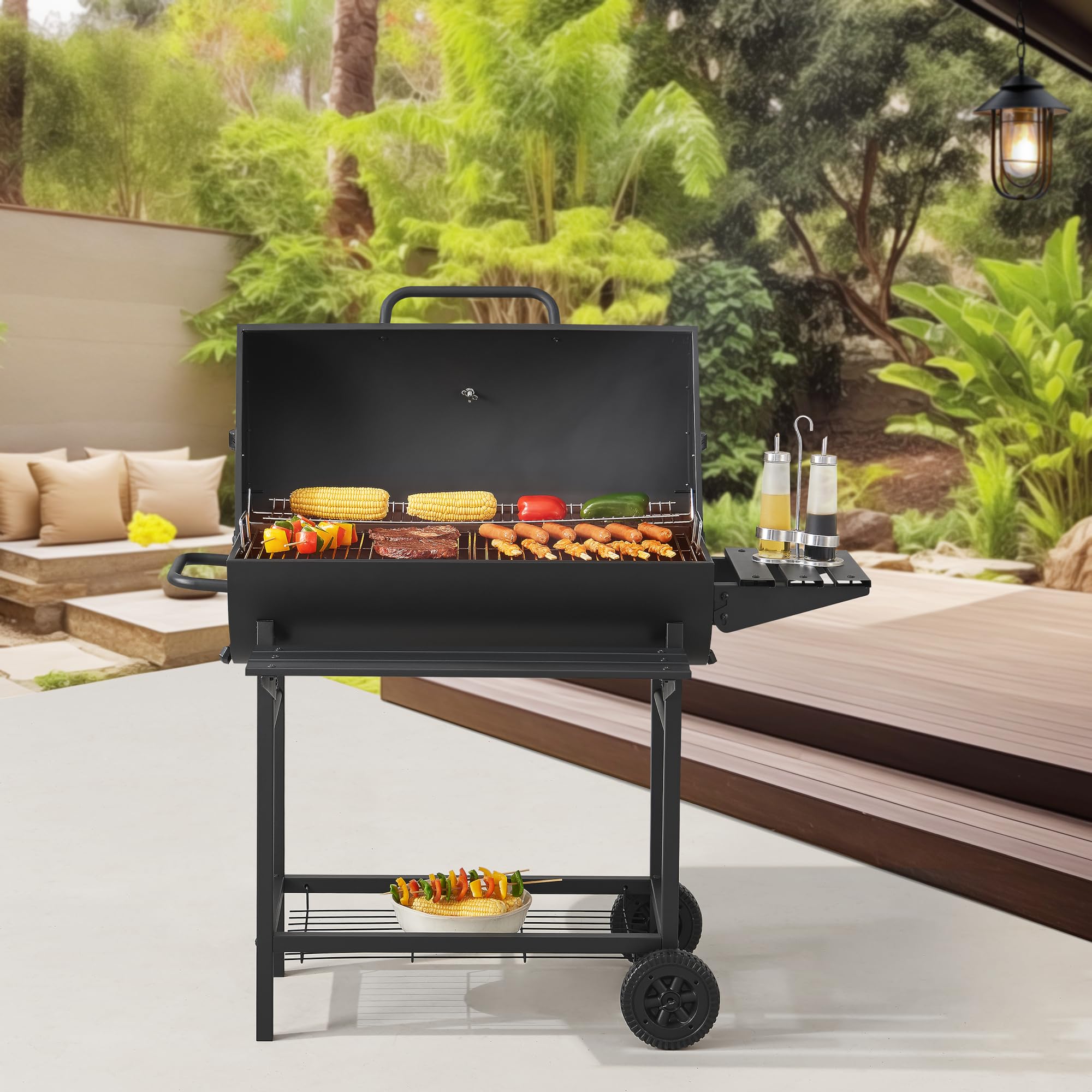 casa.pro Grill na kółkach Armento grill na węgiel drzewny z pokrywką, ruszt do grillowania z emaliowanej stali nierdzewnej, grill ogrodowy, 2 koła, termometr w pokrywie, 95 x 108 x 61 cm, czarny