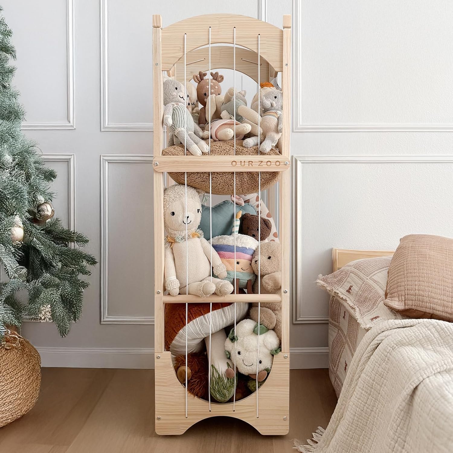 Fodoss Stuffed Animal Storage Organizer - Wooden Plushies Storage Holder with 360° Wheels, Large Teddy Bear Zoo Cage for Kids Toddler Room