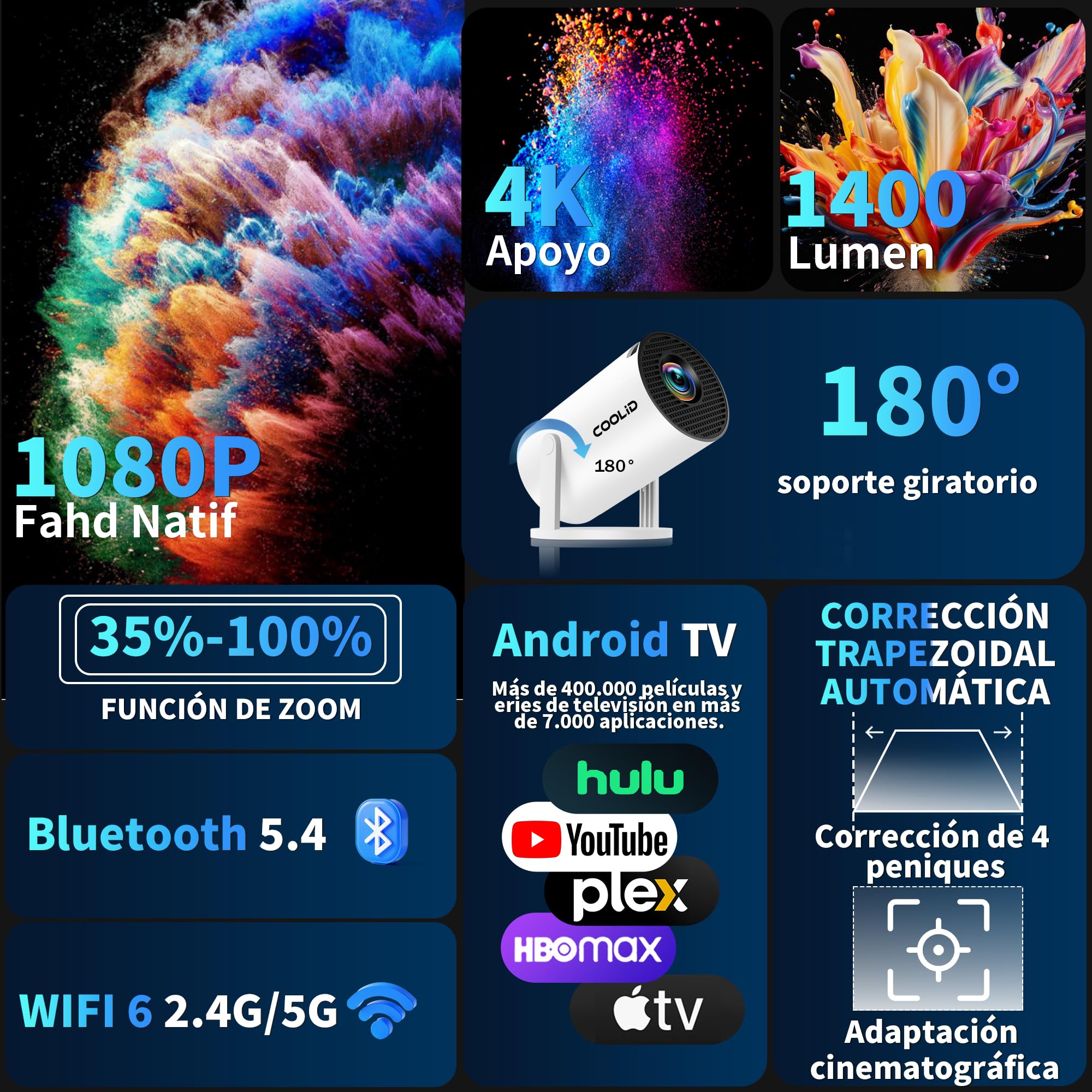 [2026 App Integrada] Mini Proyector 4K Support 1080p con WiFi 6 y Bluetooth 5.2 Proyector portátil con Enfoque automático y corrección Trapezoidal Compatibile con TV Stick/USB/PS5/Laptop,Blanco