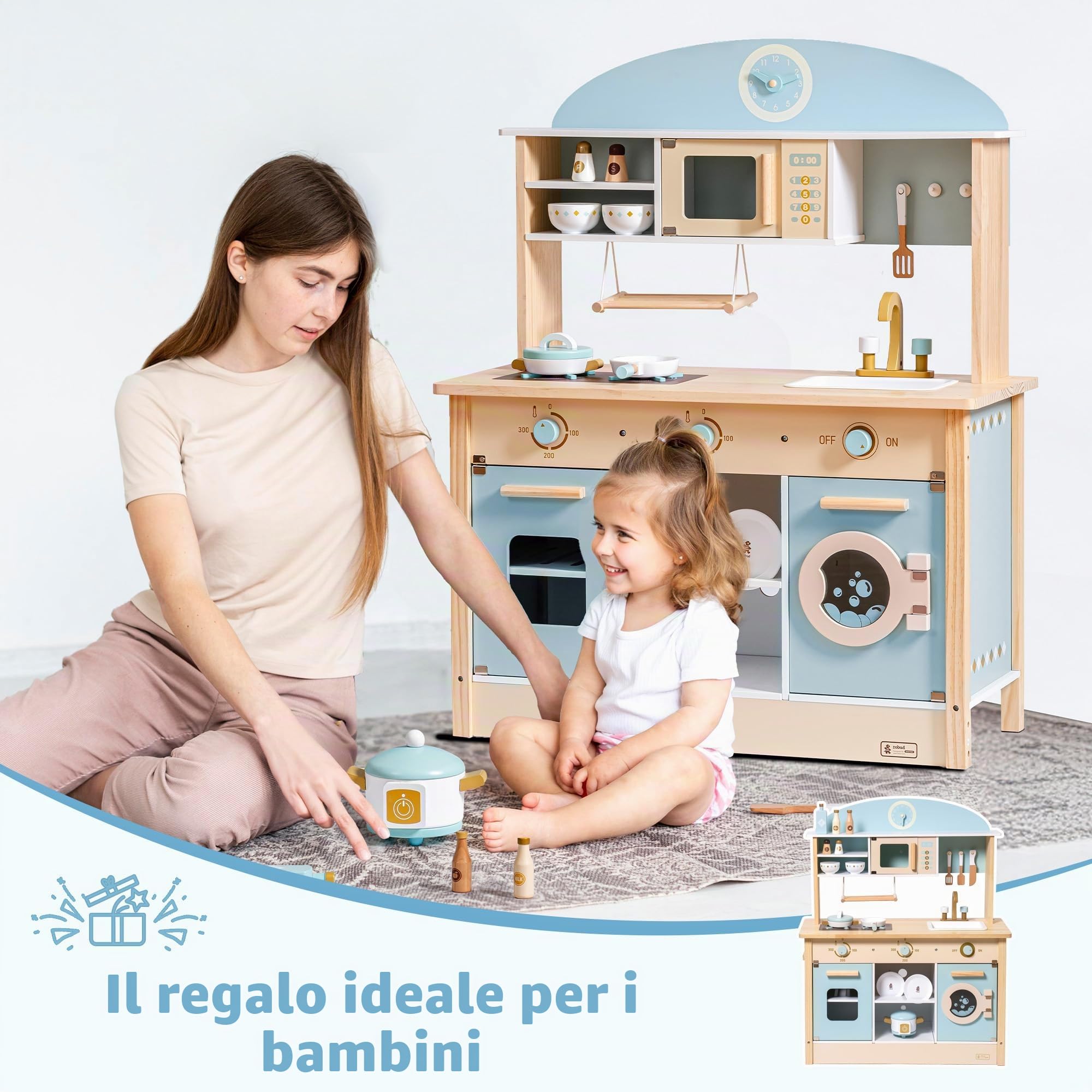 ROBUD Cucine da gioco in legno per bambini e bambini piccoli, accessori da cucina per bambole con forno a microonde, lavatrice, cuoci riso, stoviglie; regali dai 3 anni in su