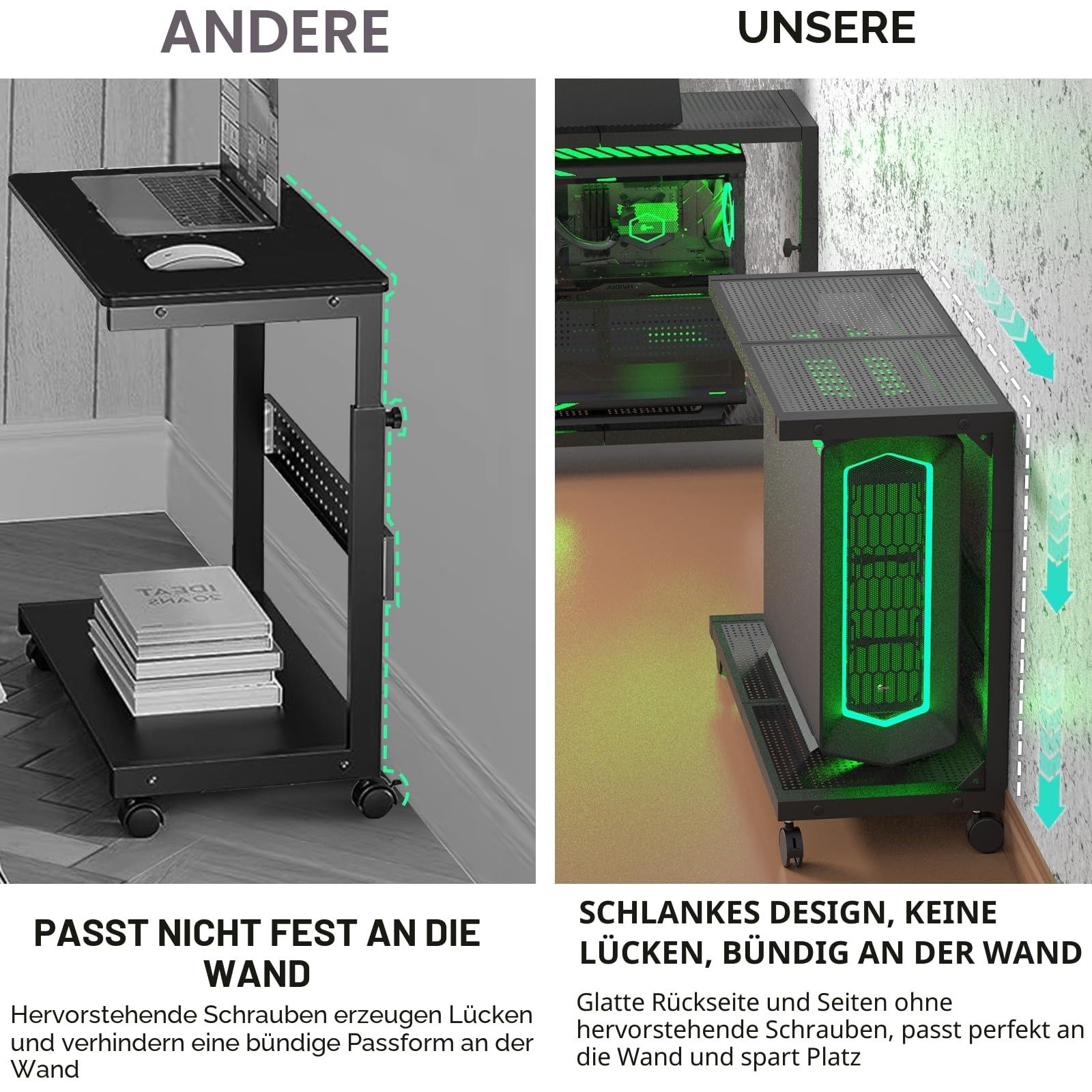 Moricher Computer-Tower-Ständer – höhenverstellbarer 2-stöckiger ATX-Gehäuse-Ständer, PC-Ständer für Bodendrucker, Stecktafel mit rollenden Rädern und Mauspad für Heimbüro