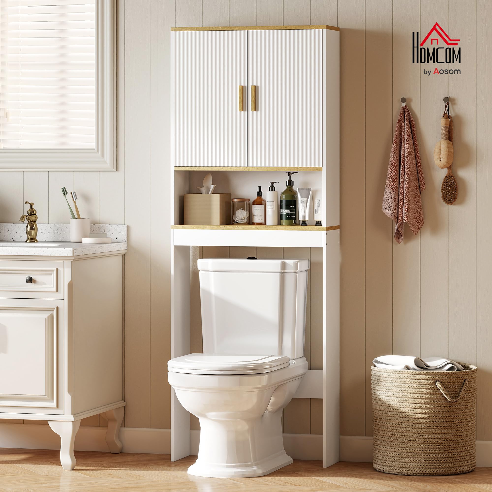 HOMCOM Estantería para Baño sobre Inodoro, Mueble Organizador de Baño de 3 Niveles con Estante Abierto, 2 Puertas y Estante Ajustable, 64x20x170,5 cm, Blanco