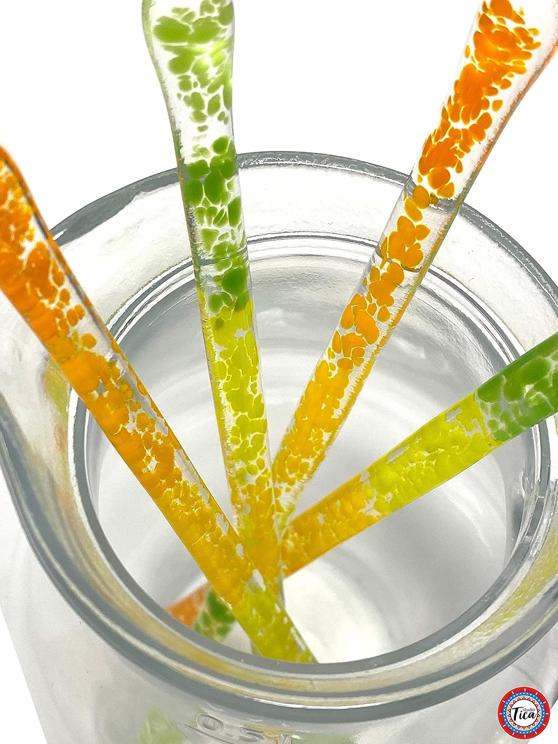 Handmade Glass Swizzle Sticks: Citrus Sunshine (Paradise Collection) - 7.25 inch stirrer for Coffee Tea and Mugs - Set of 4 with Gift Box by studioTica
