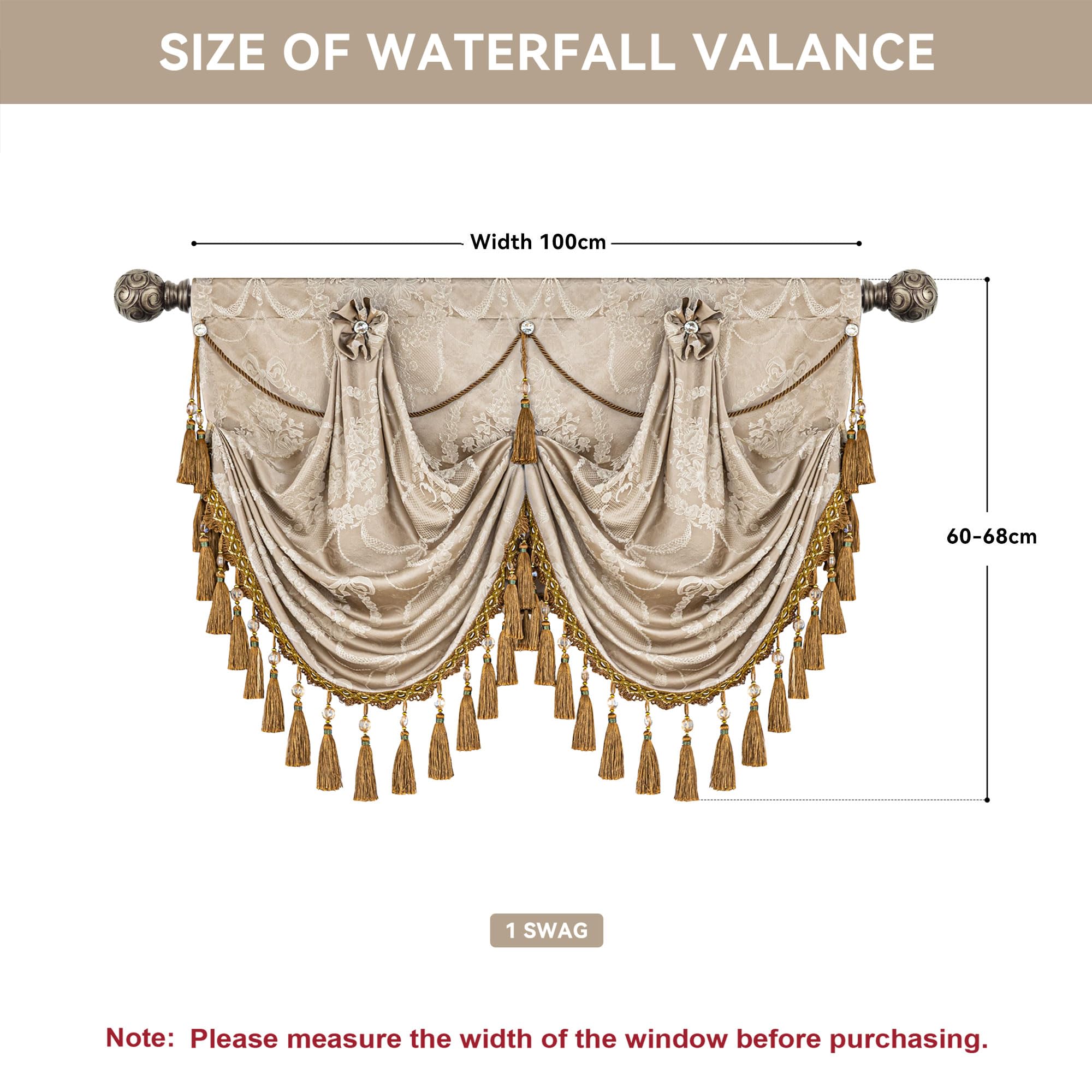 Mantovana a Cascata per Finestre, Mantovana Damascata con Nappe, Tenda Corta Jacquard per Camera da Letto Soggiorno Cucina 1 Pezzo (Larghezza 100cm, Sabbia)