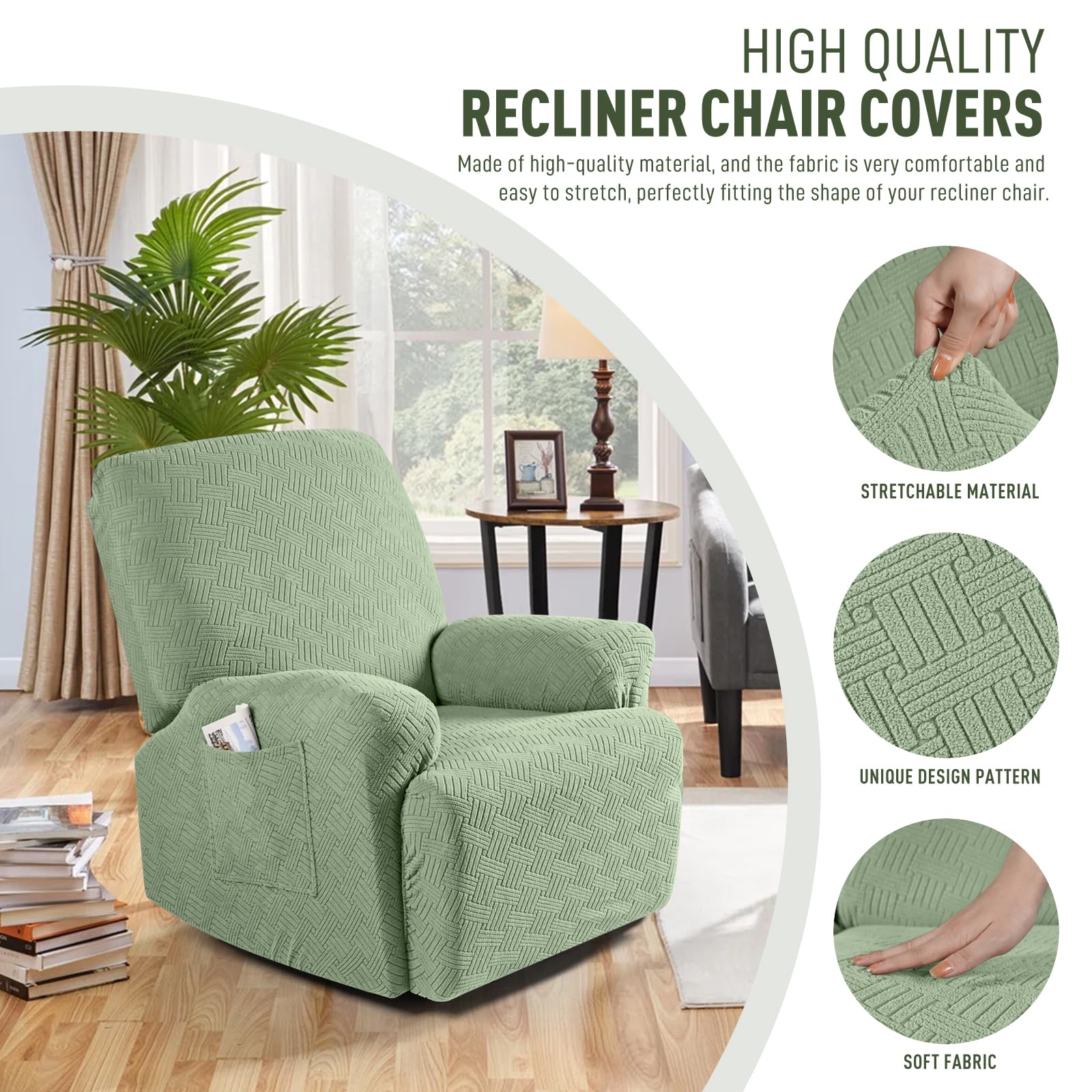 KinCam 3 Pieces Recliner Chair Covers, Stretch Reclining Chair Covers, Sofa Slipcovers Stripe Jacquard Recliner Covers Furniture Protector Covers with Elastic Bottom for Kids, Pets (Light Green)