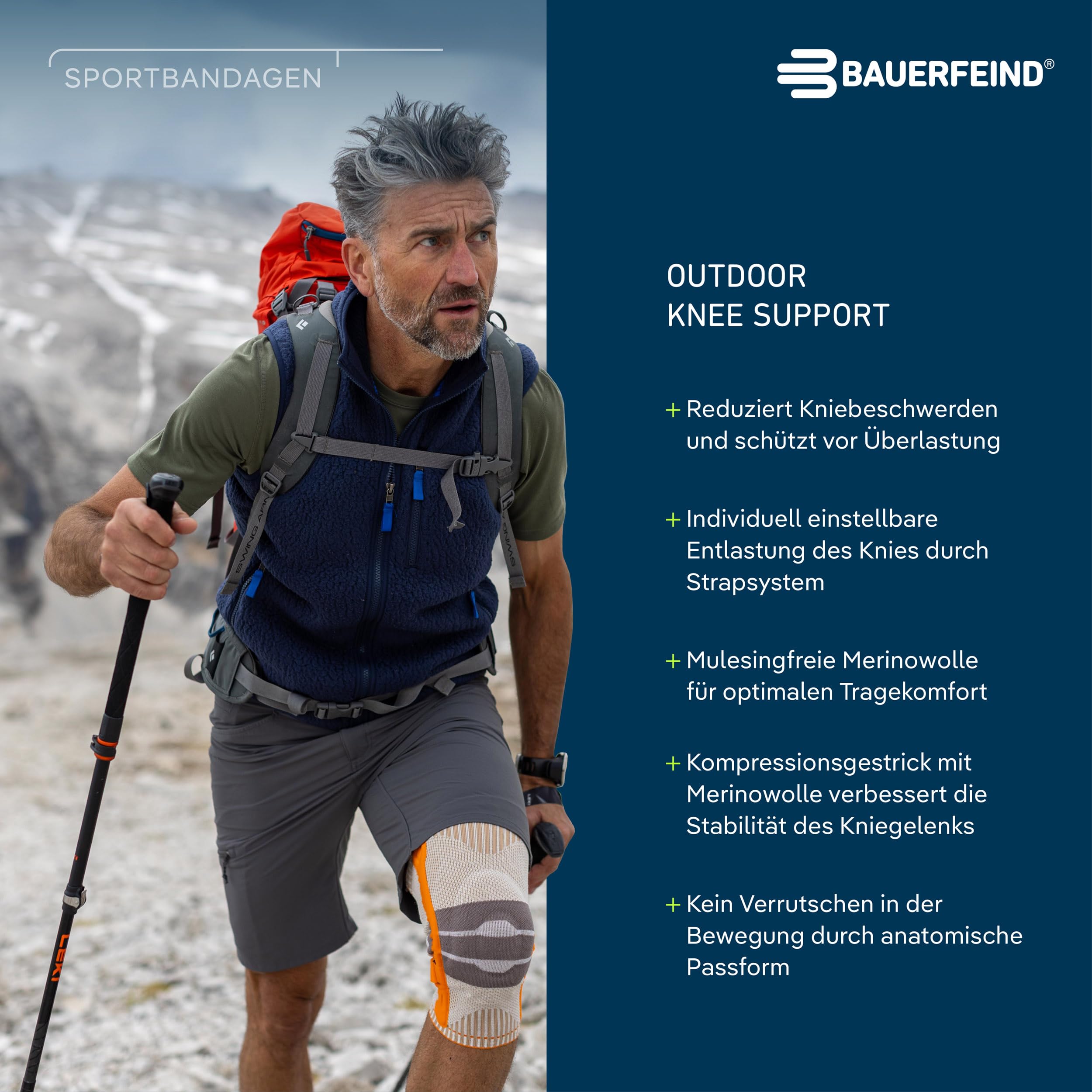 BAUERFEIND Kniebandage zum Wandern „Outdoor Knee Support“, 1 Unisex Wanderbandage zur Wanderausrüstung, Rechts & Links tragbar, Individuell einstellbarer Strap, Merino Wolle