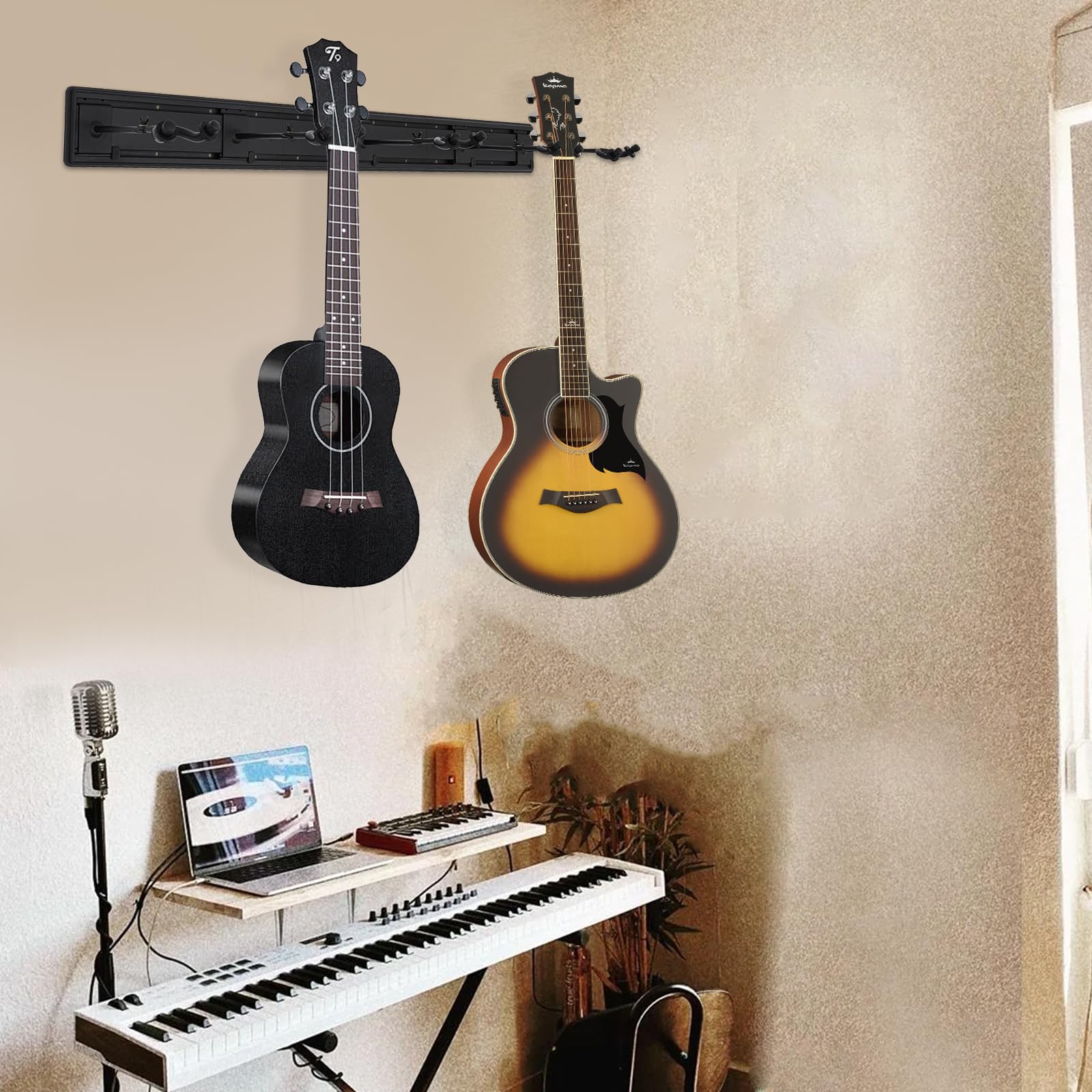 Supporto da parete per chitarra a 5 scomparti, in alluminio, regolabile a 180°, portata fino a 40 kg, per chitarre elettriche, bassi, ukulele, mandolini