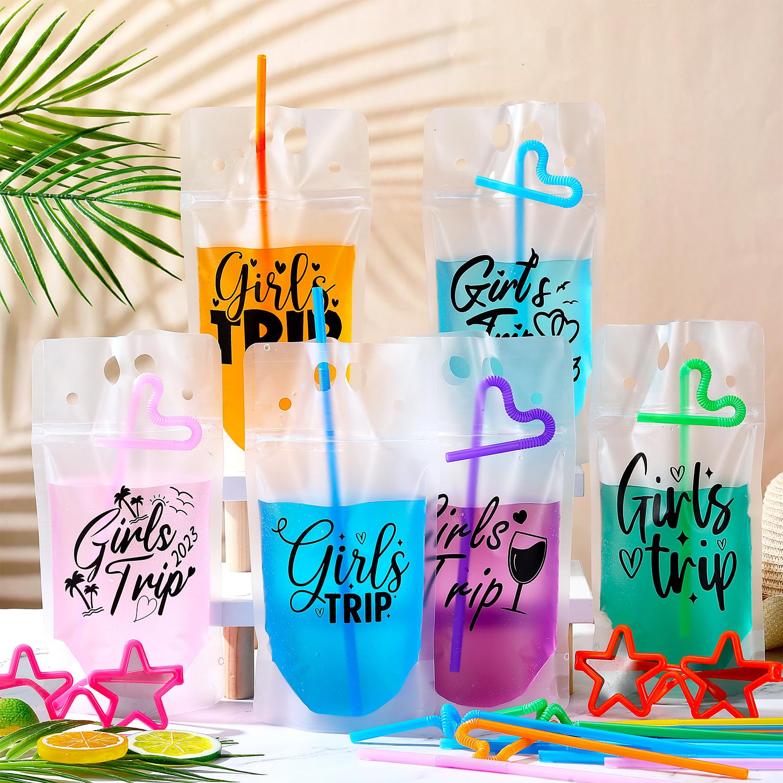 Seematn 24 Sets Girls Trip Drink Pouch Bags with Straws, Girls Weekend Getaway Drink Holders Reusable Travel Juice Bag for Sister Auntie Friends Besties Vacation
