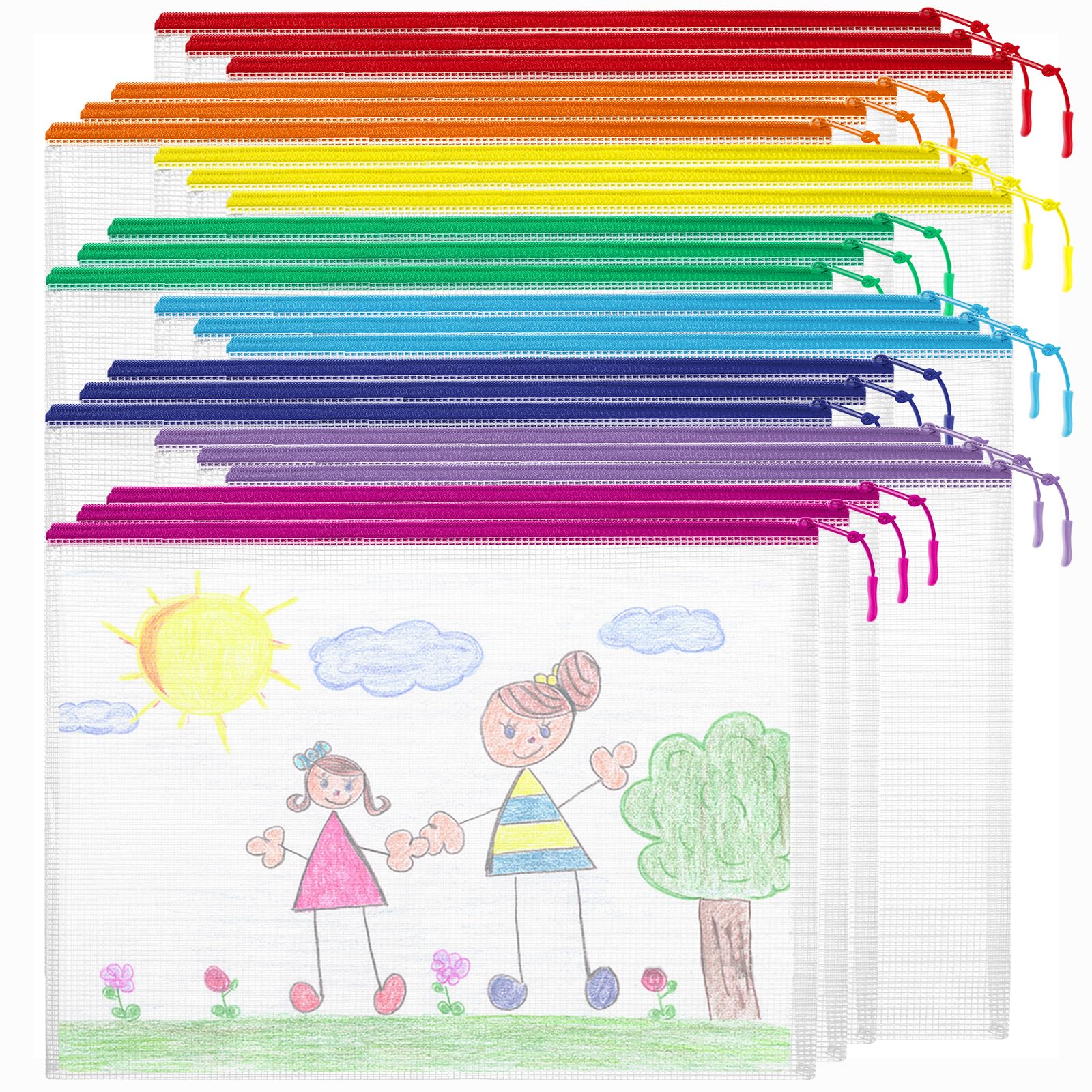 24pcs Mesh Zipper Pouch Bags Puzzle Storage Bags, A4 13x9 Inches Large Reusable Zipper Pouches for Classroom Organizing Board Game Home Organization