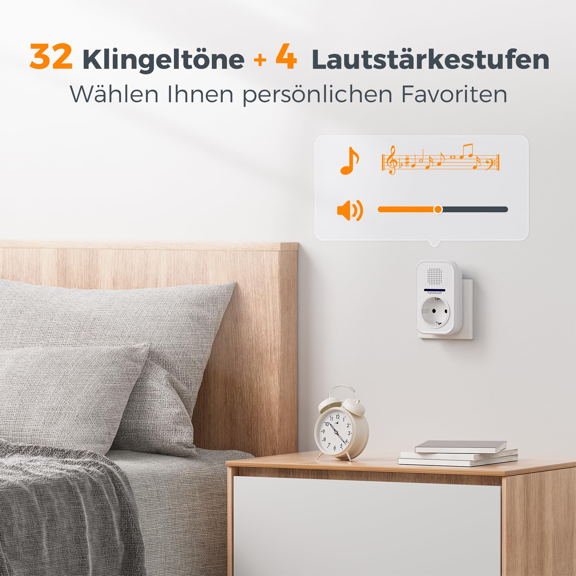 TESSAN Kabellose Türklingel Batterielose, Türklingel Funk mit EU Steckdose, Wasserdicht Klingel Funk mit Steckdosen, Funkklingel mit 4 Lautstärke Stufen, 32 Klingeltöne, 150M