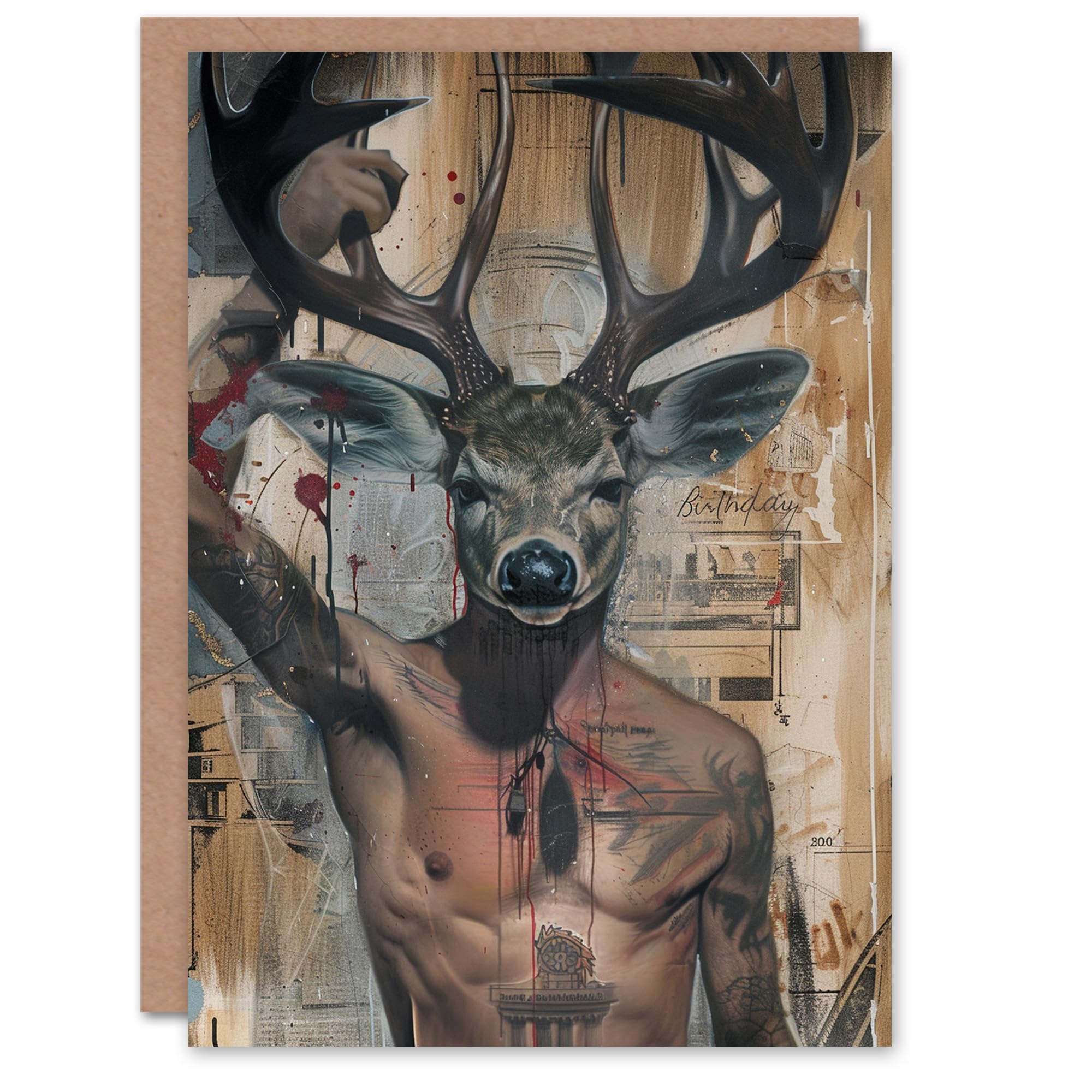 Artery8 Birthday Card Abstract Deer Boy Head Man Tattoo Drawing For Him Man Male Dad Brother Son Papa Grandad Greeting Card