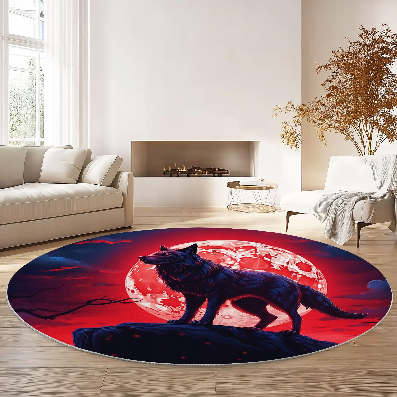 Générique Tapis Rond Salon 150 cm, Loup De Dessin Animé Fantastique Lune Imprimé Tapis de Sol Décoration Antidérapant pour Salon Chambre Cuisine Balcon Terrasse Salle à Manger Intérieur, Rouge Foncé