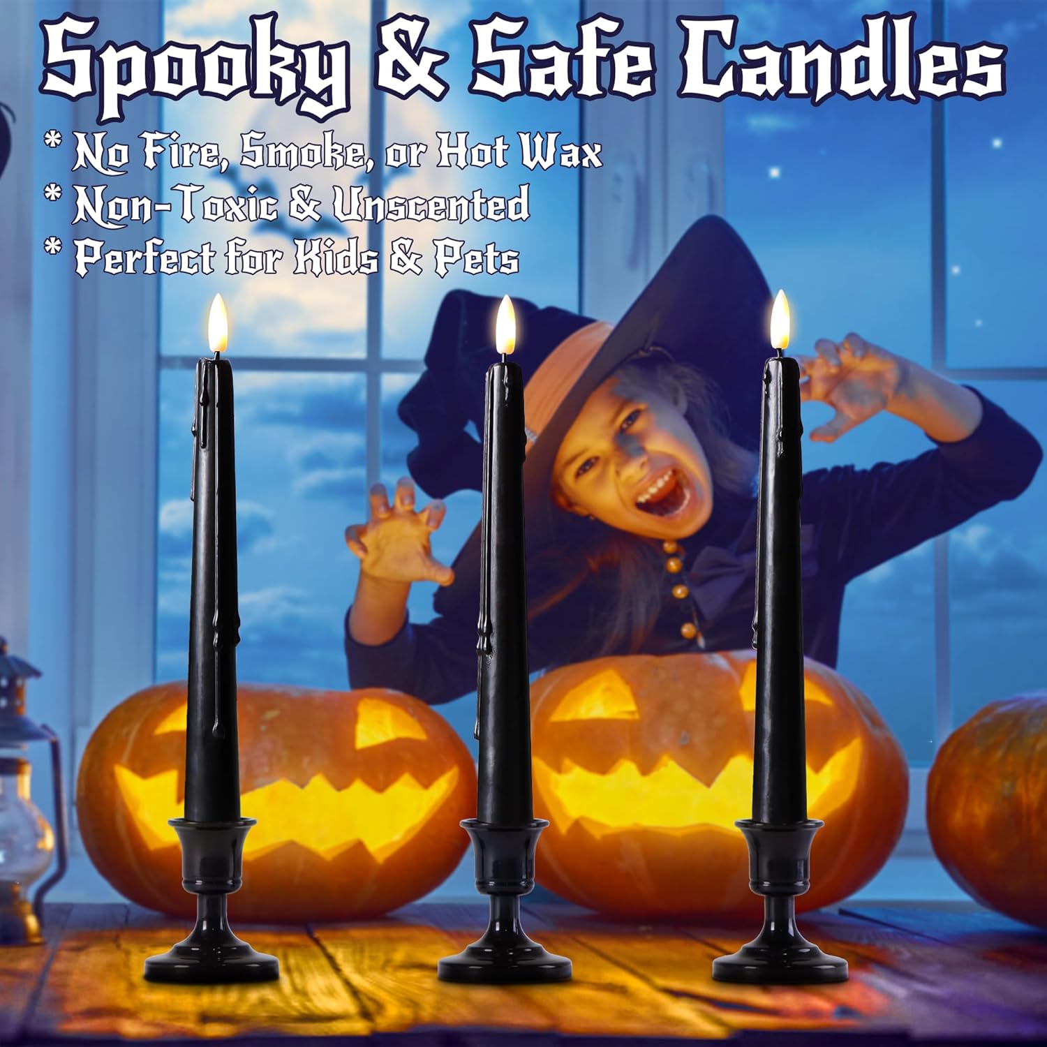 Stmarry Black Flameless Taper Candles with Remote and Timer - 9.65 Inch Real Wax LED Candlesticks - Wax Drip Battery Operated Halloween Taper Candles with 3D Flickering Flame Halloween Decor, 6 Pack