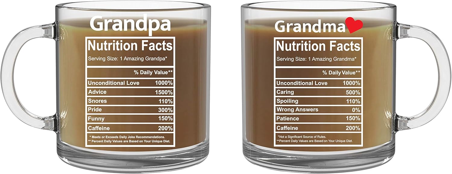 CBTwear Grandpa & Grandma Nutrition Facts Mugs - Grandparents Gift Set - 13oz Glass Coffee Mug Couples Sets - Funny His and Her Gifts - Husband and Wife Or Nana and Papa Anniversary Presents