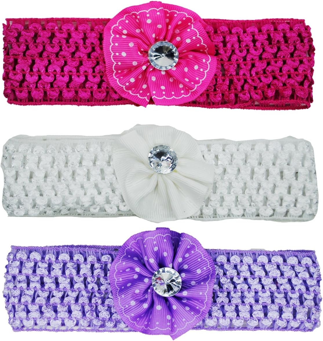 Crochet Cutwork Flower Headbands for Baby Girls Head Bands for Baby Girl Kids Combo Hairband for Babies (Pink, White, Purple) 3 Pcs Set