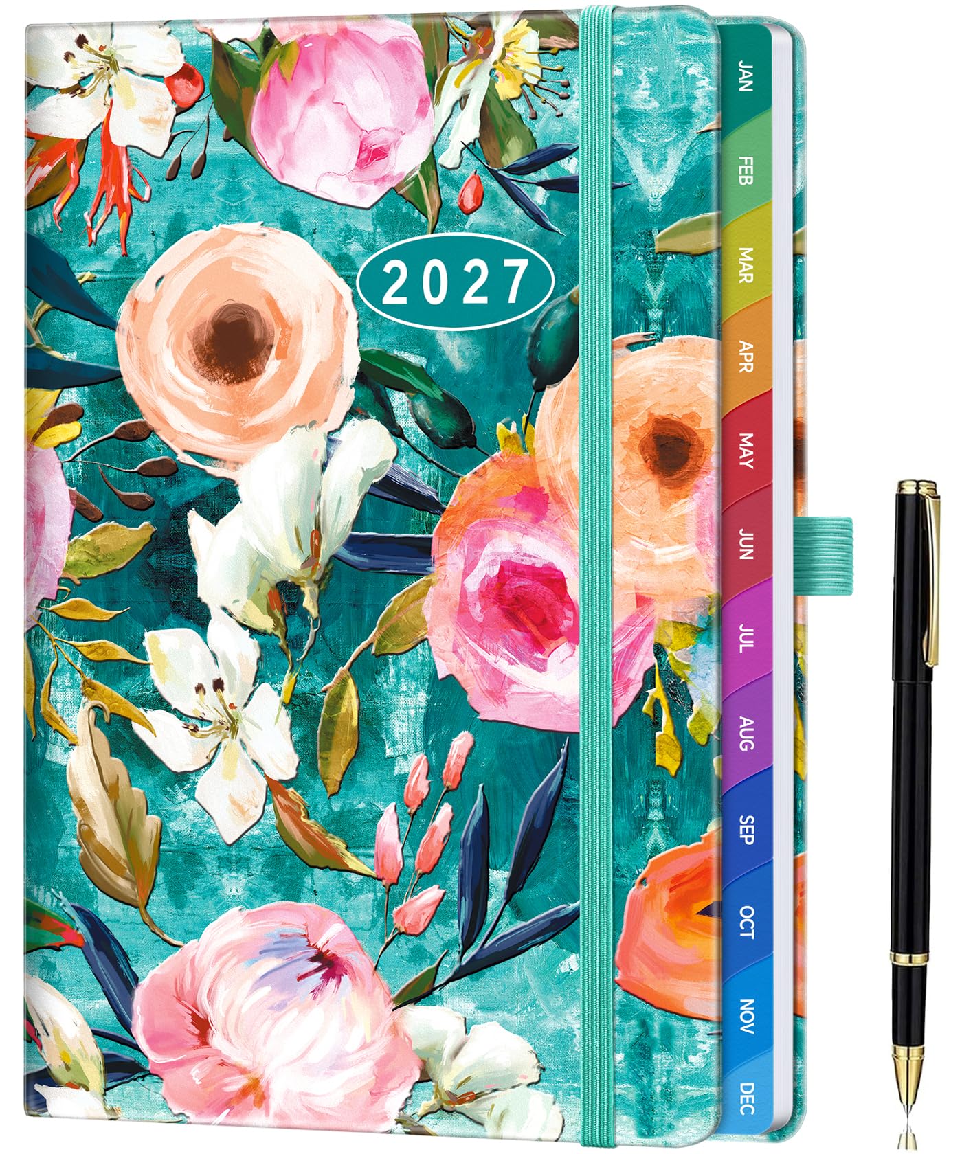 ZXHQ 2027 Diary A5 Week to View, Jan - Dec, 2027 Full Year Weekly and Monthly Planner, Colorful Tabs, UK Holiday, with Pen, Inner Pocket - Painterly Bloom