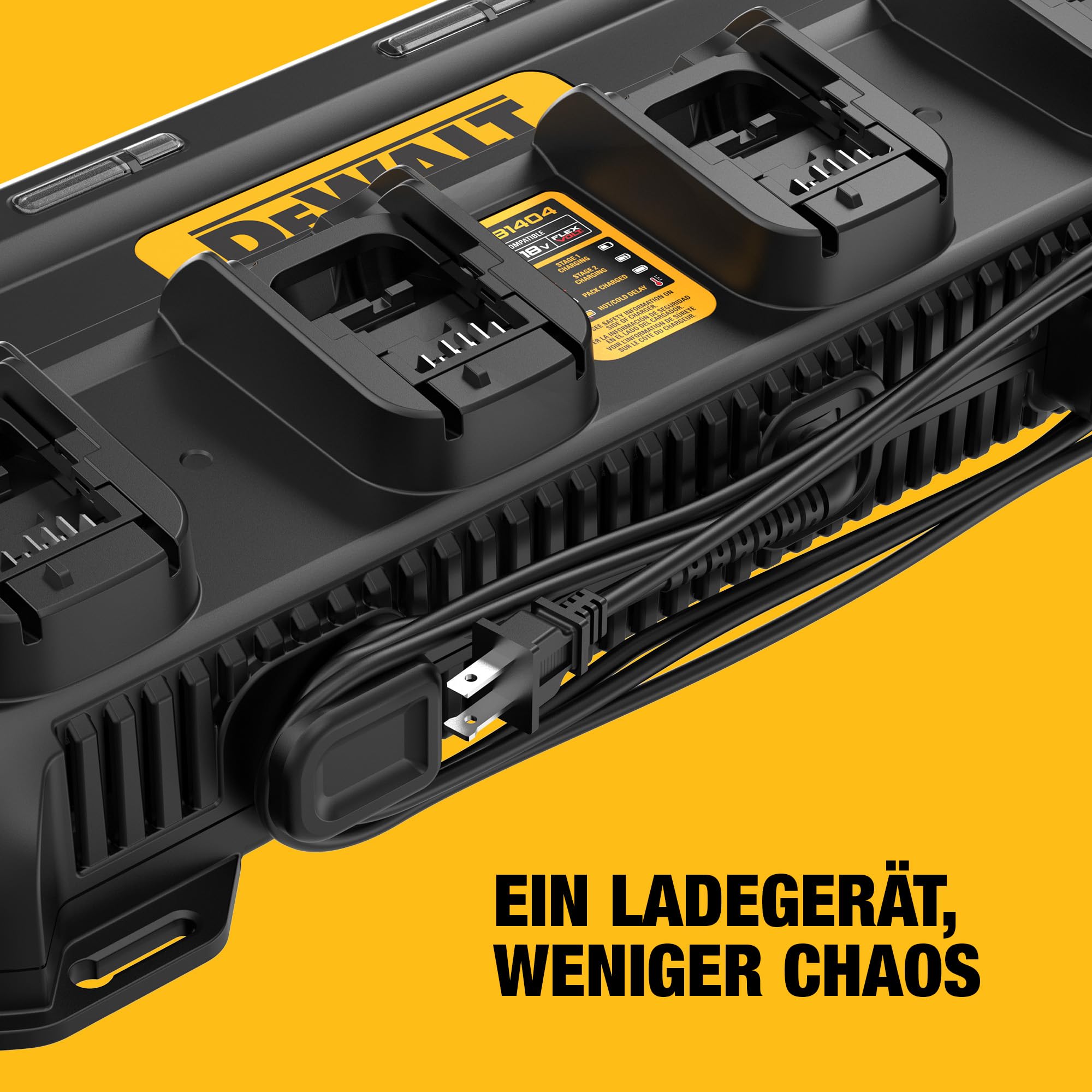 DEWALT XR Quadport-Ladegerät 4A, DCB1404-QW | Quadport-Ladegerät 4A für 4 Akkus 18V XR und 54V FlexVolt mit Lade-LED, Wärmeschutz, Kabelaufwicklung und Wandmontage.