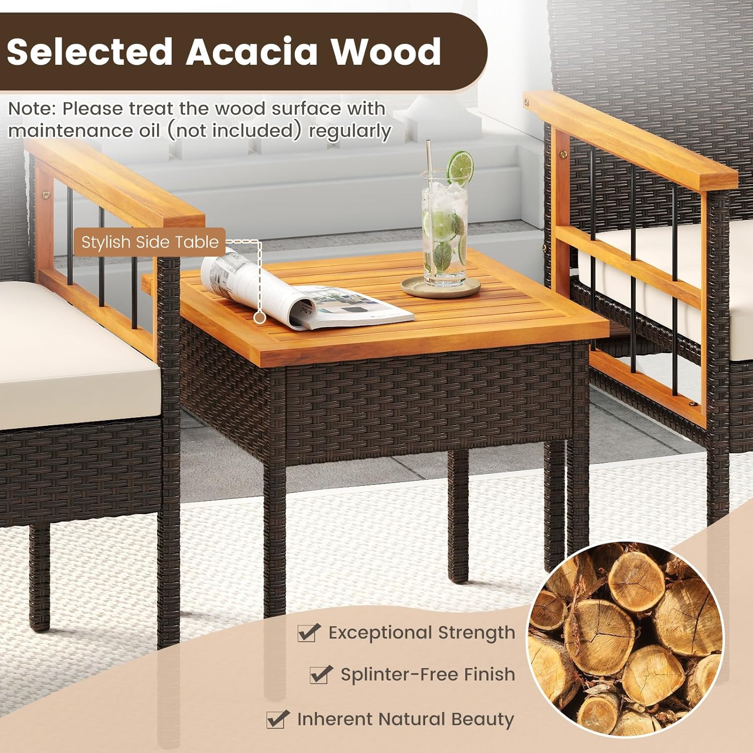 Tangkula 3 Piece Outdoor Wicker Conversation Furniture Set, Patio Rattan Cushioned Chair & Side Table Set with Acacia Wood Tabletop & Armrests, for Backyard, Porch, Balcony - Image 6