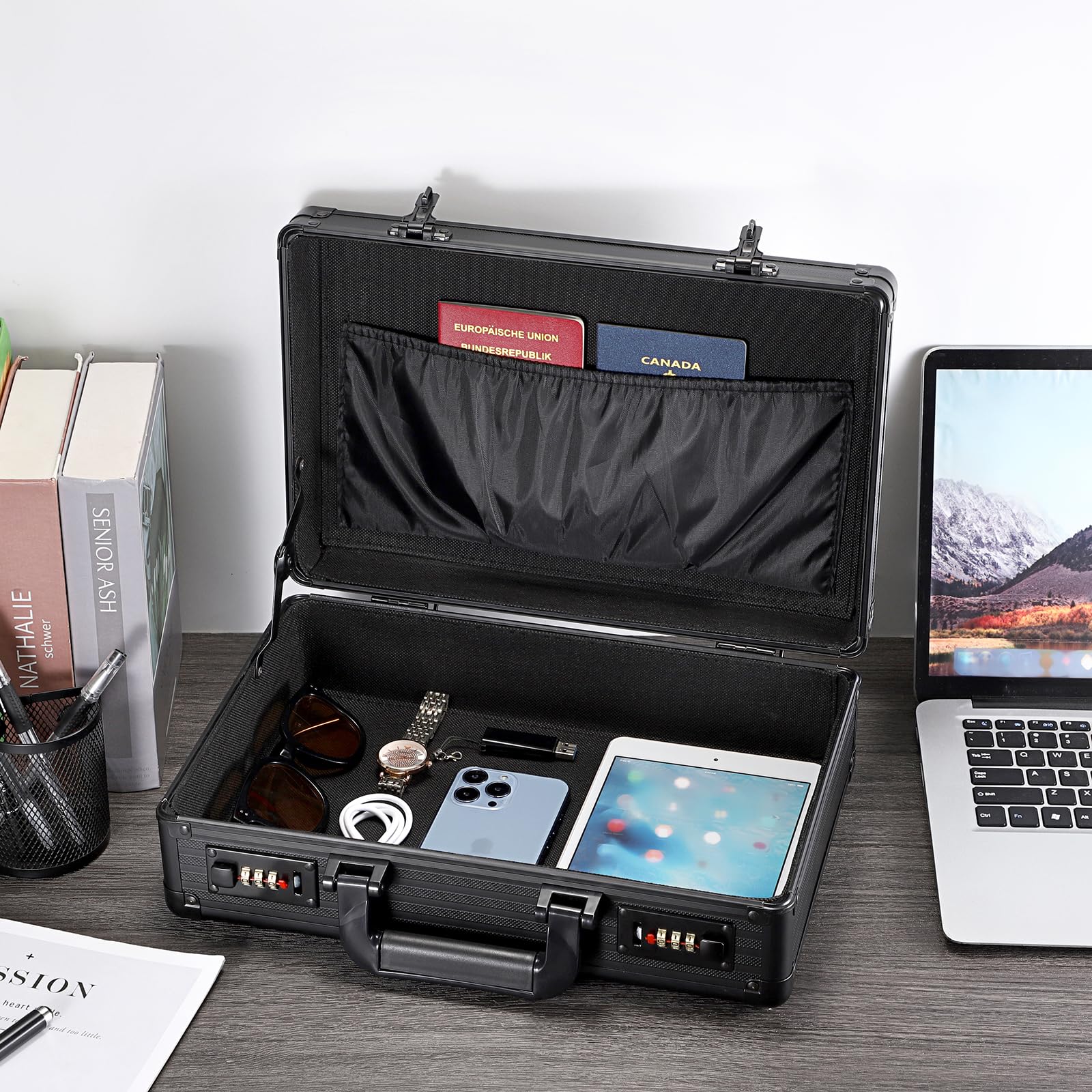 Mallette en aluminium avec serrure à combinaison A4 - Mallette à documents verrouillable - Petite valise en aluminium étanche - Mallette portable - Valise d'affaires pour les voyages