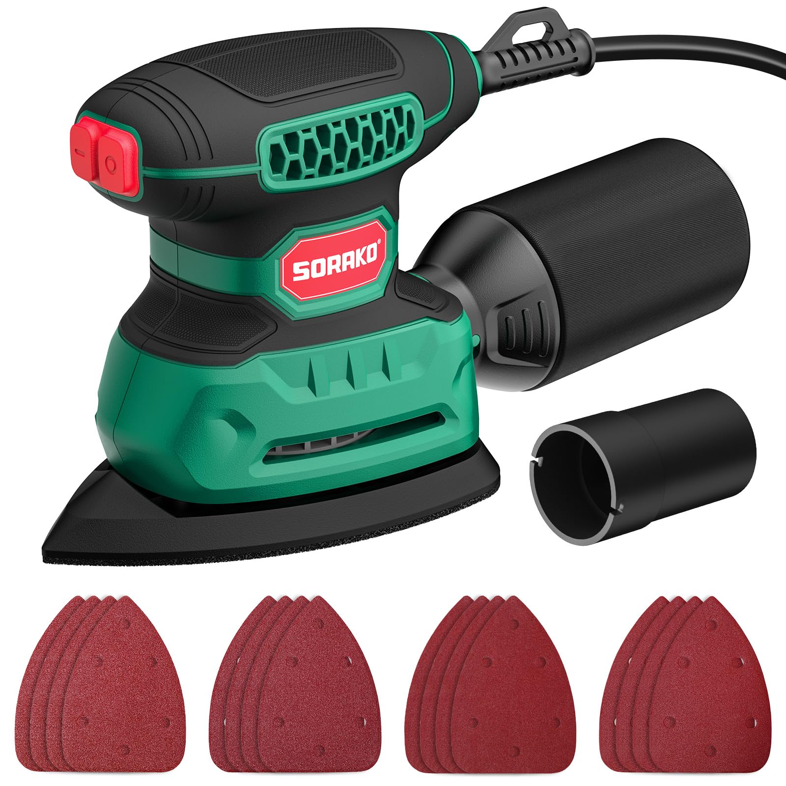 SORAKO Electric Sander,220W 14000 OPM 230V Sander for Wood with Dust Collector and 16 Pieces of Sandpaper, Compact Sanding Machine is Perfect for Sanding, Polishing in Small Spaces